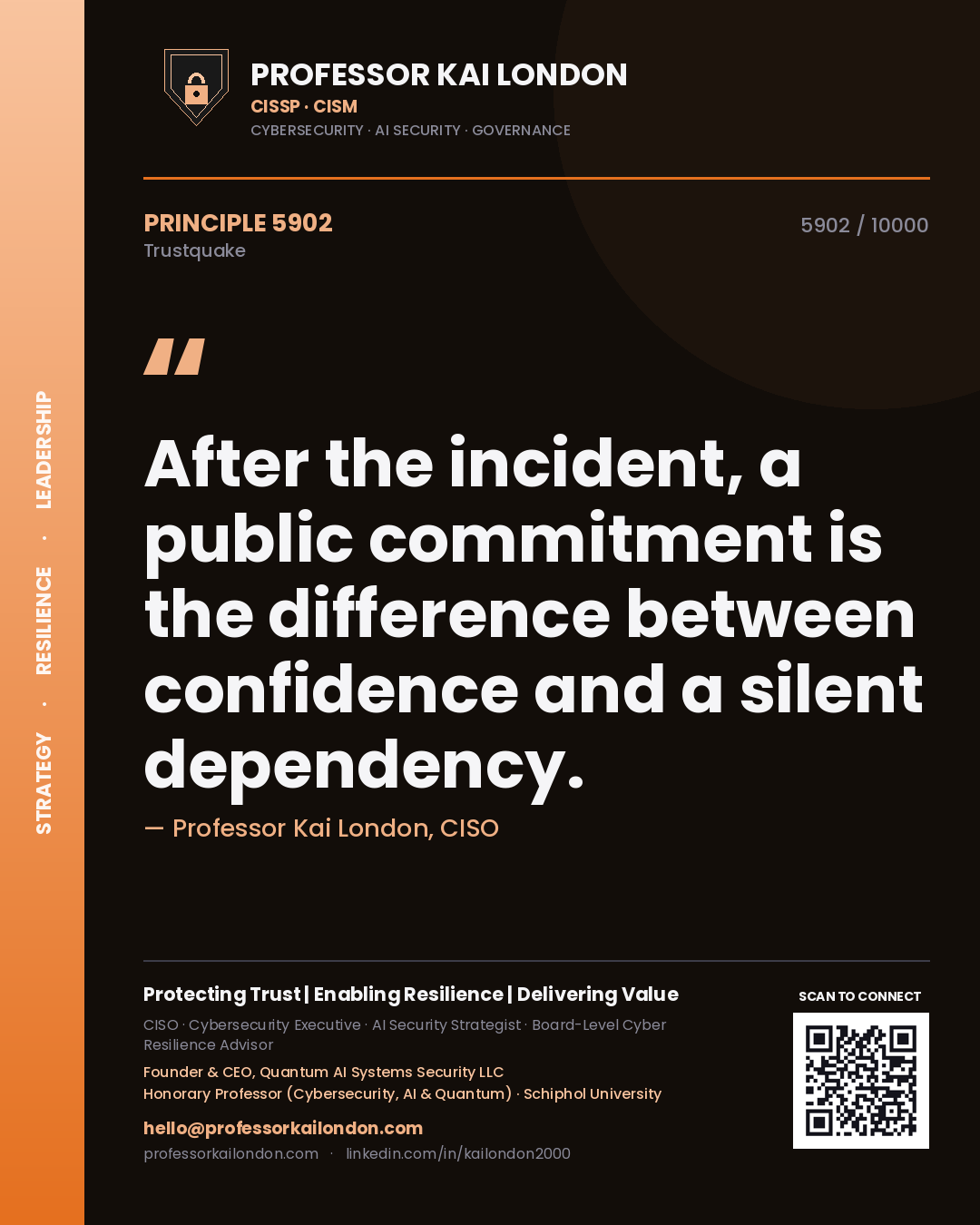 Quote card by Professor Kai London reading 'After the incident, a public commitment is the difference between confidence and a silent dependency.'. From the book Trustquake.