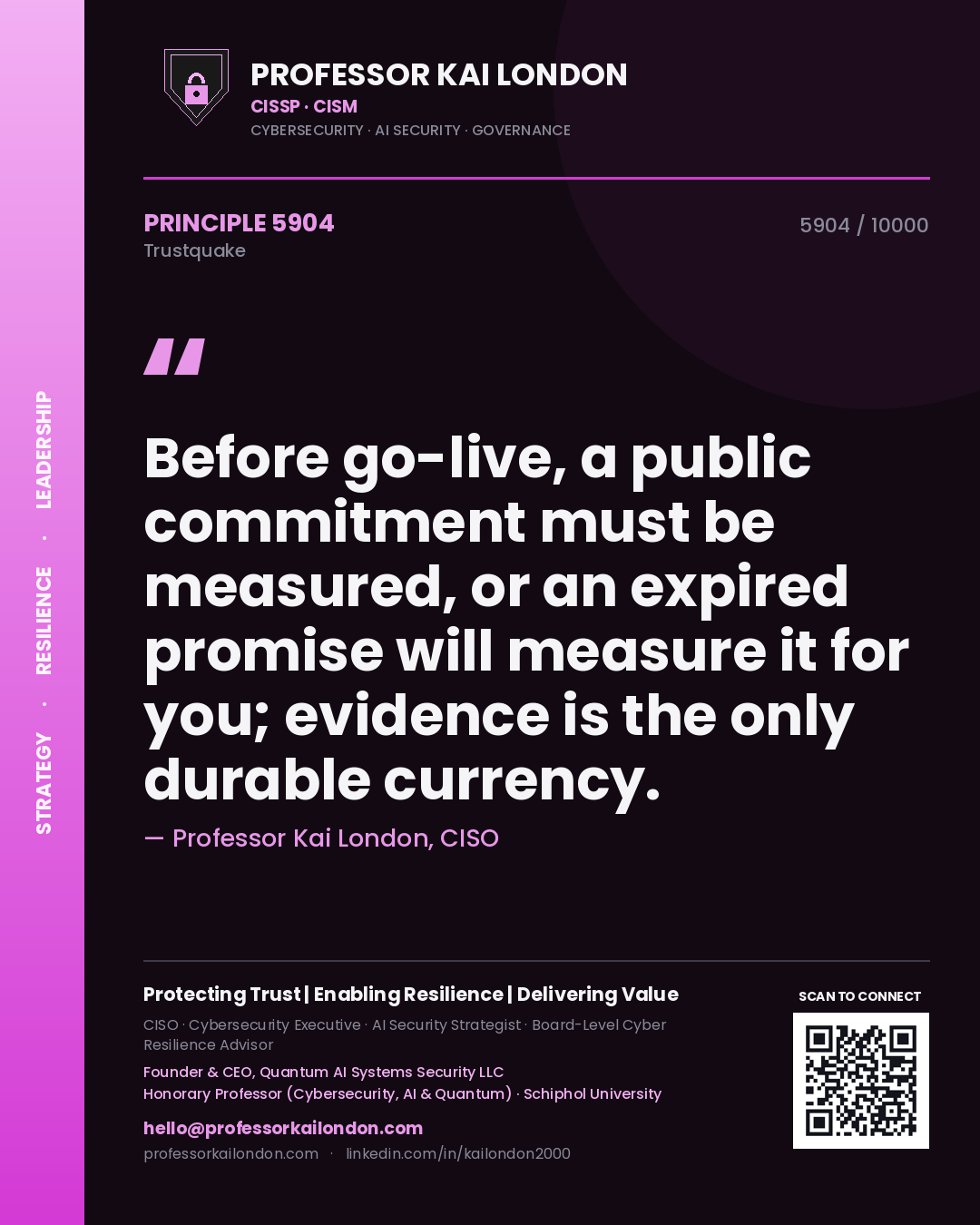 Quote card by Professor Kai London reading 'Before go-live, a public commitment must be measured, or an expired promise will measure it for you; evidence is the only durable currency.'. From the book Trustquake.