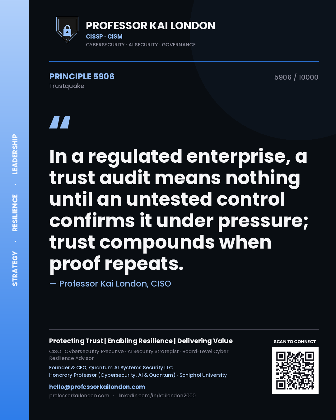 Quote card by Professor Kai London reading 'In a regulated enterprise, a trust audit means nothing until an untested control confirms it under pressure; trust compounds when proof repeats.'. From the book Trustquake.