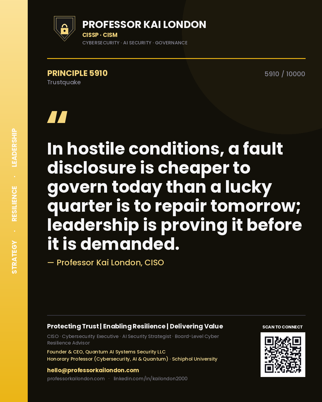 Professor Kai London principle 5910: In hostile conditions, a fault disclosure is cheaper to govern today than a lucky quarter is to repair tomorrow; leadership is proving it before it is demanded.