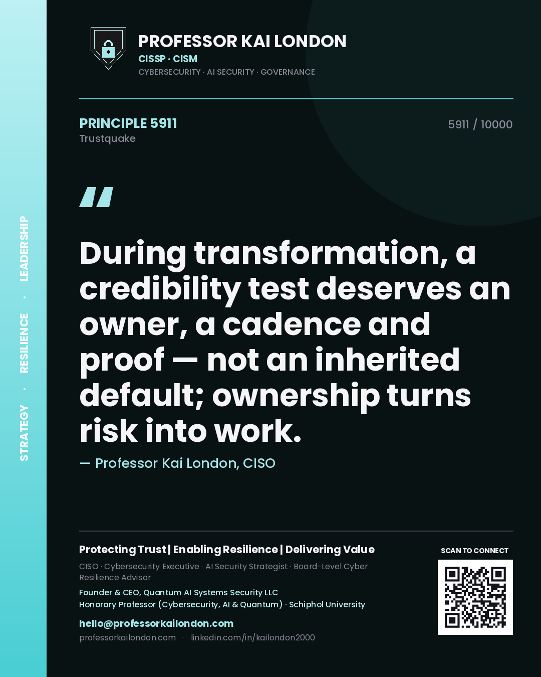 Quote card by Professor Kai London reading 'During transformation, a credibility test deserves an owner, a cadence and proof — not an inherited default; ownership turns risk into work.'. From the book Trustquake.