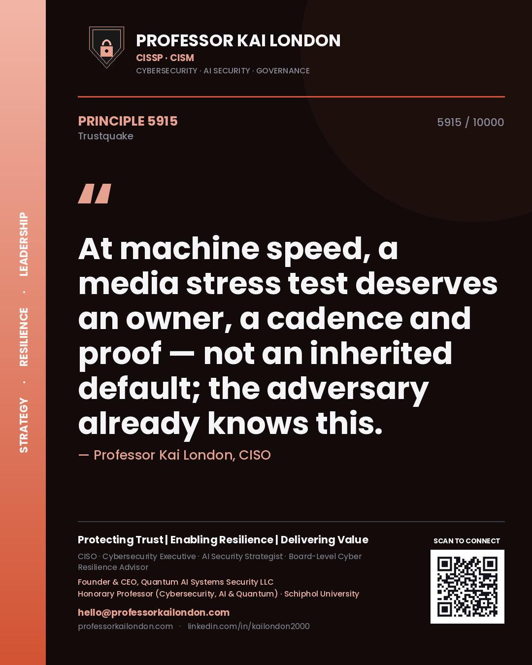 Quote card by Professor Kai London reading 'At machine speed, a media stress test deserves an owner, a cadence and proof — not an inherited default; the adversary already knows this.'. From the book Trustquake.