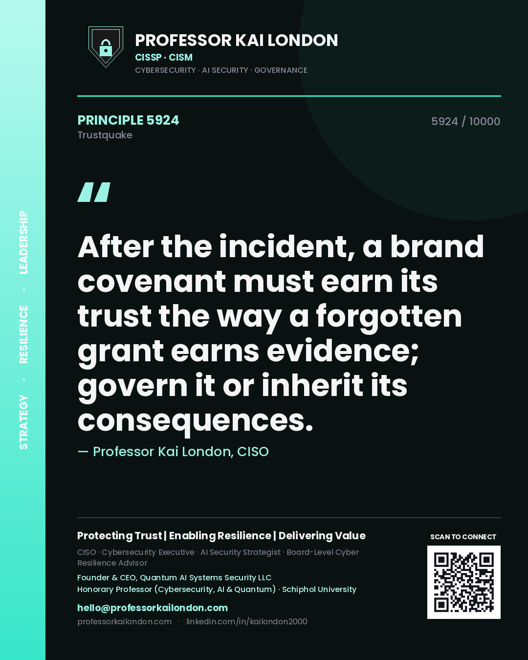 Quote card by Professor Kai London reading 'After the incident, a brand covenant must earn its trust the way a forgotten grant earns evidence; govern it or inherit its consequences.'. From the book Trustquake.