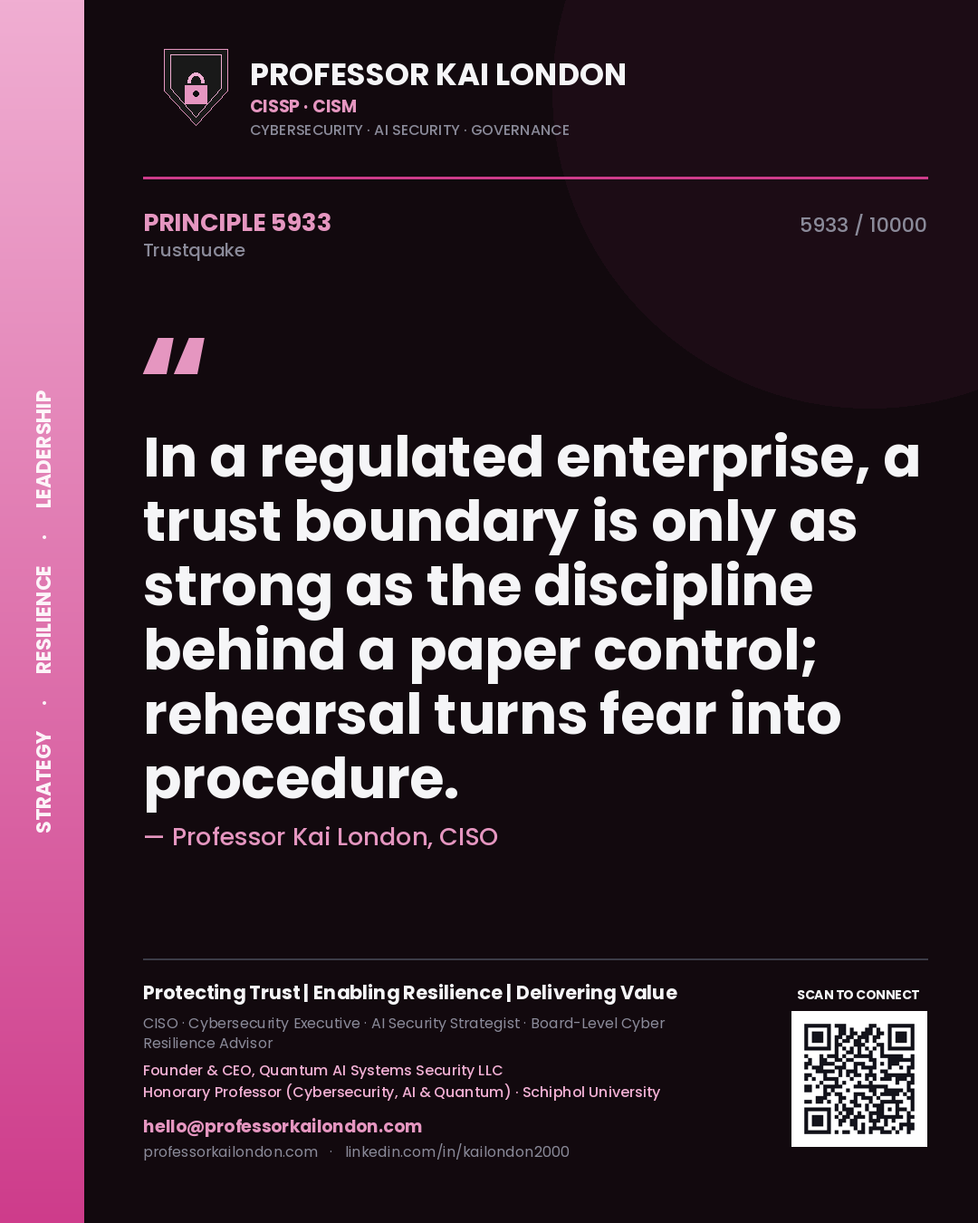 Quote card by Professor Kai London reading 'In a regulated enterprise, a trust boundary is only as strong as the discipline behind a paper control; rehearsal turns fear into procedure.'. From the book Trustquake.