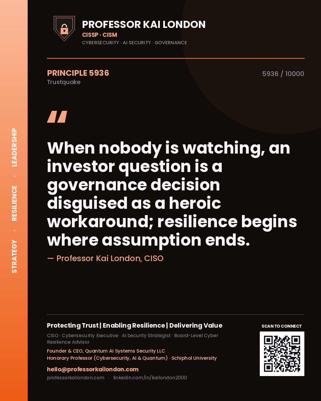 Quote card by Professor Kai London reading 'When nobody is watching, an investor question is a governance decision disguised as a heroic workaround; resilience begins where assumption ends.'. From the book Trustquake.