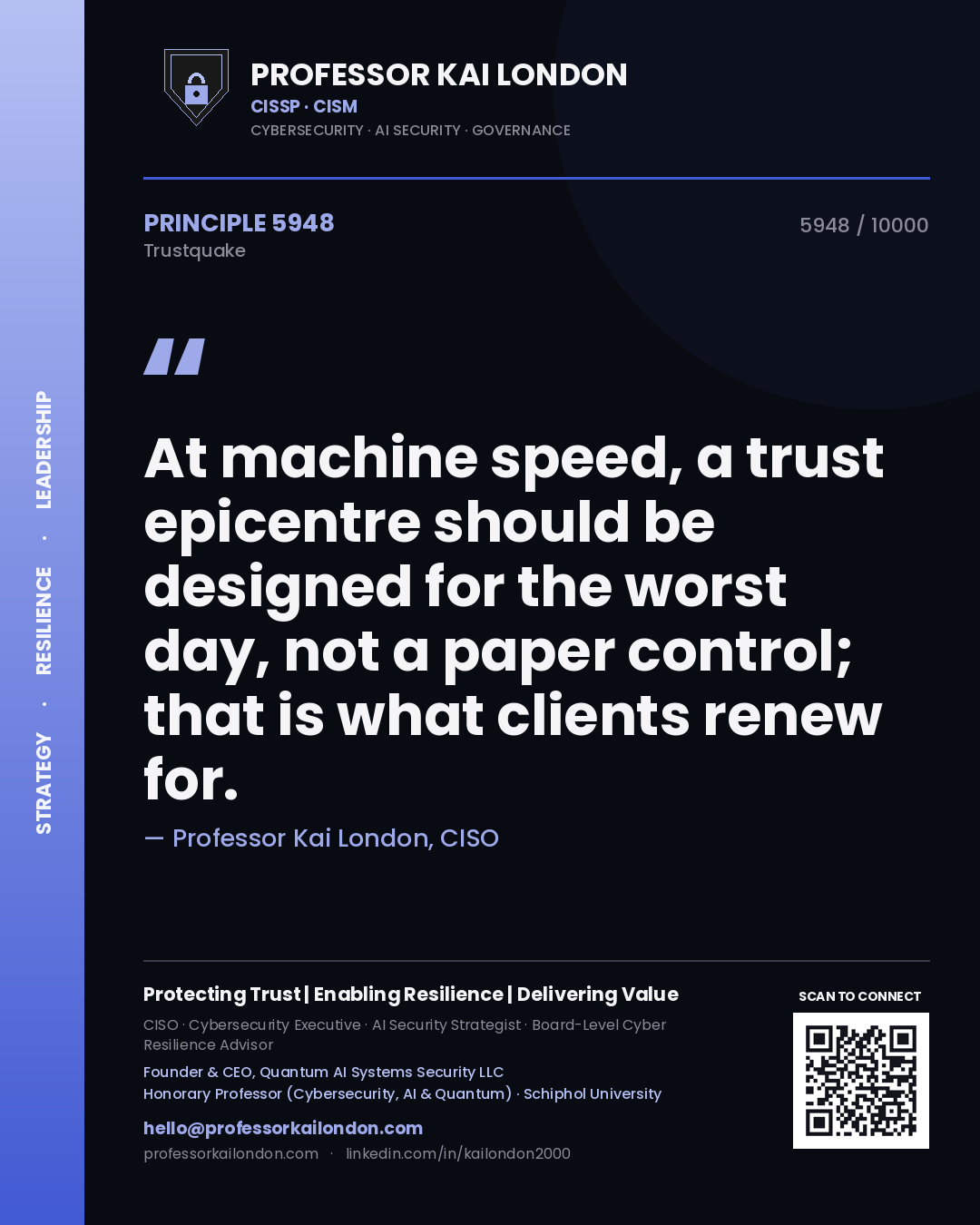 Quote card by Professor Kai London reading 'At machine speed, a trust epicentre should be designed for the worst day, not a paper control; that is what clients renew for.'. From the book Trustquake.