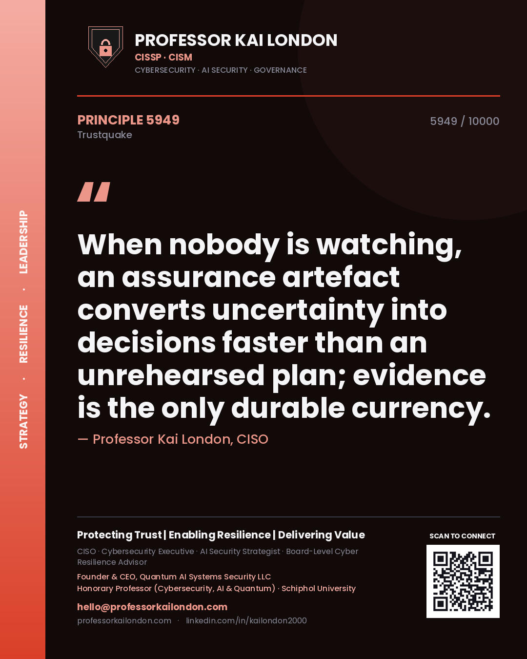 Quote card by Professor Kai London reading 'When nobody is watching, an assurance artefact converts uncertainty into decisions faster than an unrehearsed plan; evidence is the only durable currency.'. From the book Trustquake.