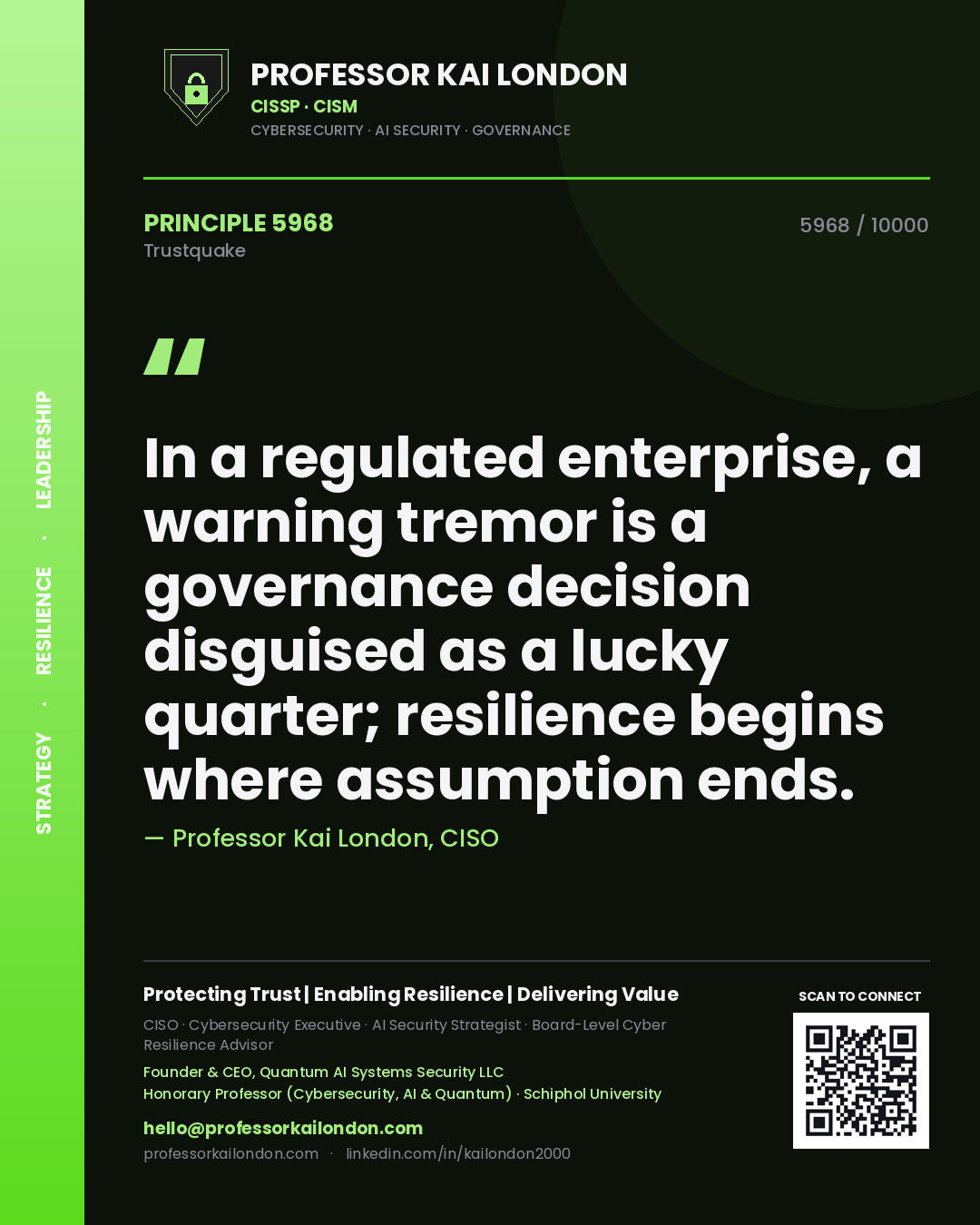 Quote card by Professor Kai London reading 'In a regulated enterprise, a warning tremor is a governance decision disguised as a lucky quarter; resilience begins where assumption ends.'. From the book Trustquake.
