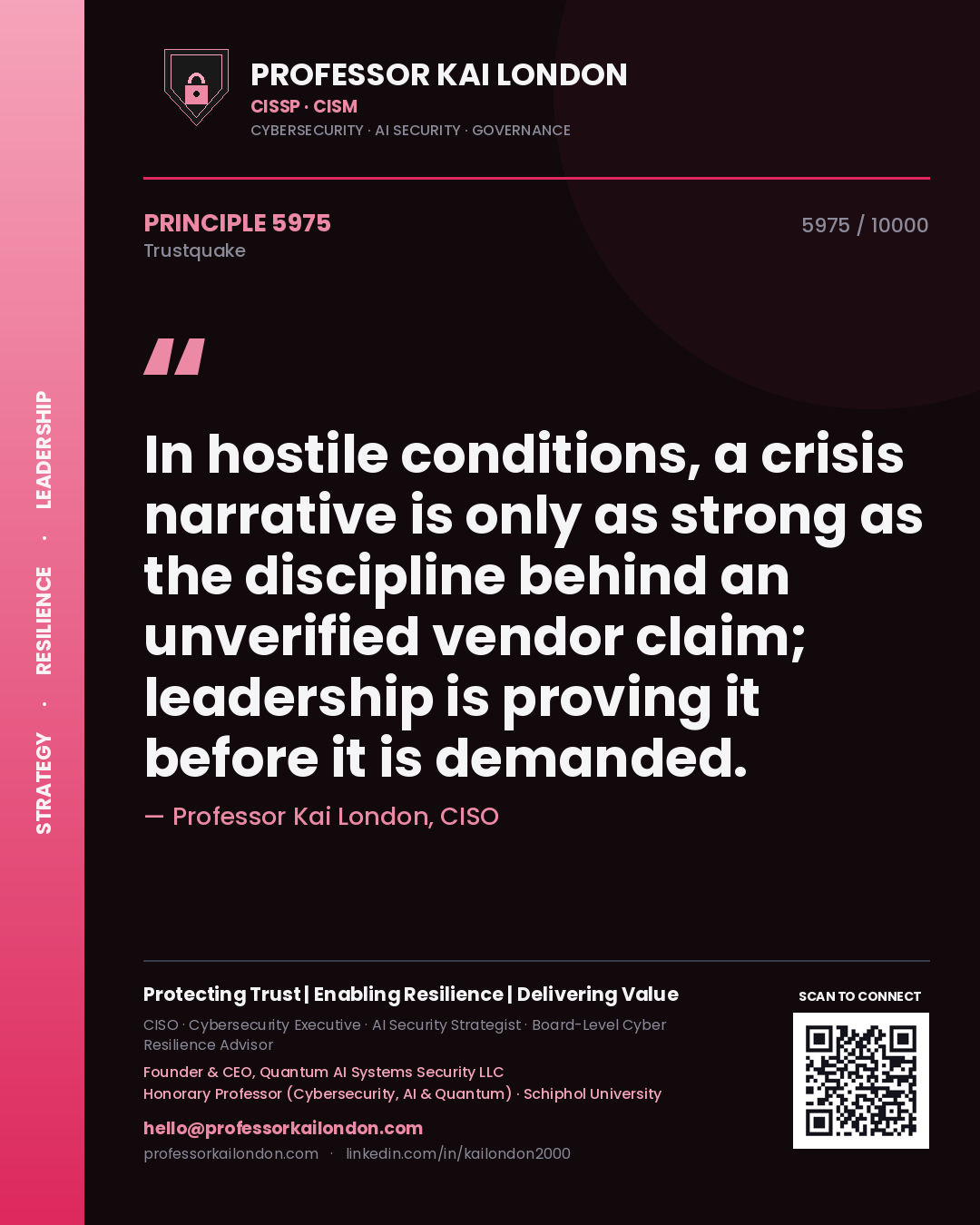 Quote card by Professor Kai London reading 'In hostile conditions, a crisis narrative is only as strong as the discipline behind an unverified vendor claim; leadership is proving it before it is demanded.'. From the book Trustquake.