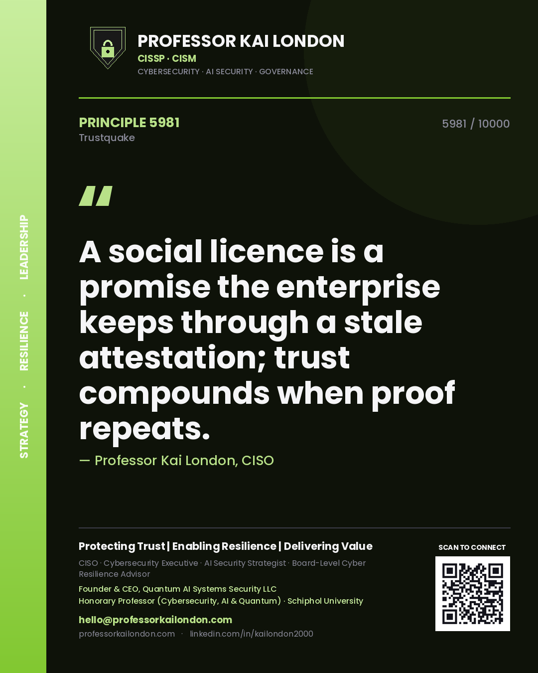 Quote card by Professor Kai London reading 'A social licence is a promise the enterprise keeps through a stale attestation; trust compounds when proof repeats.'. From the book Trustquake.