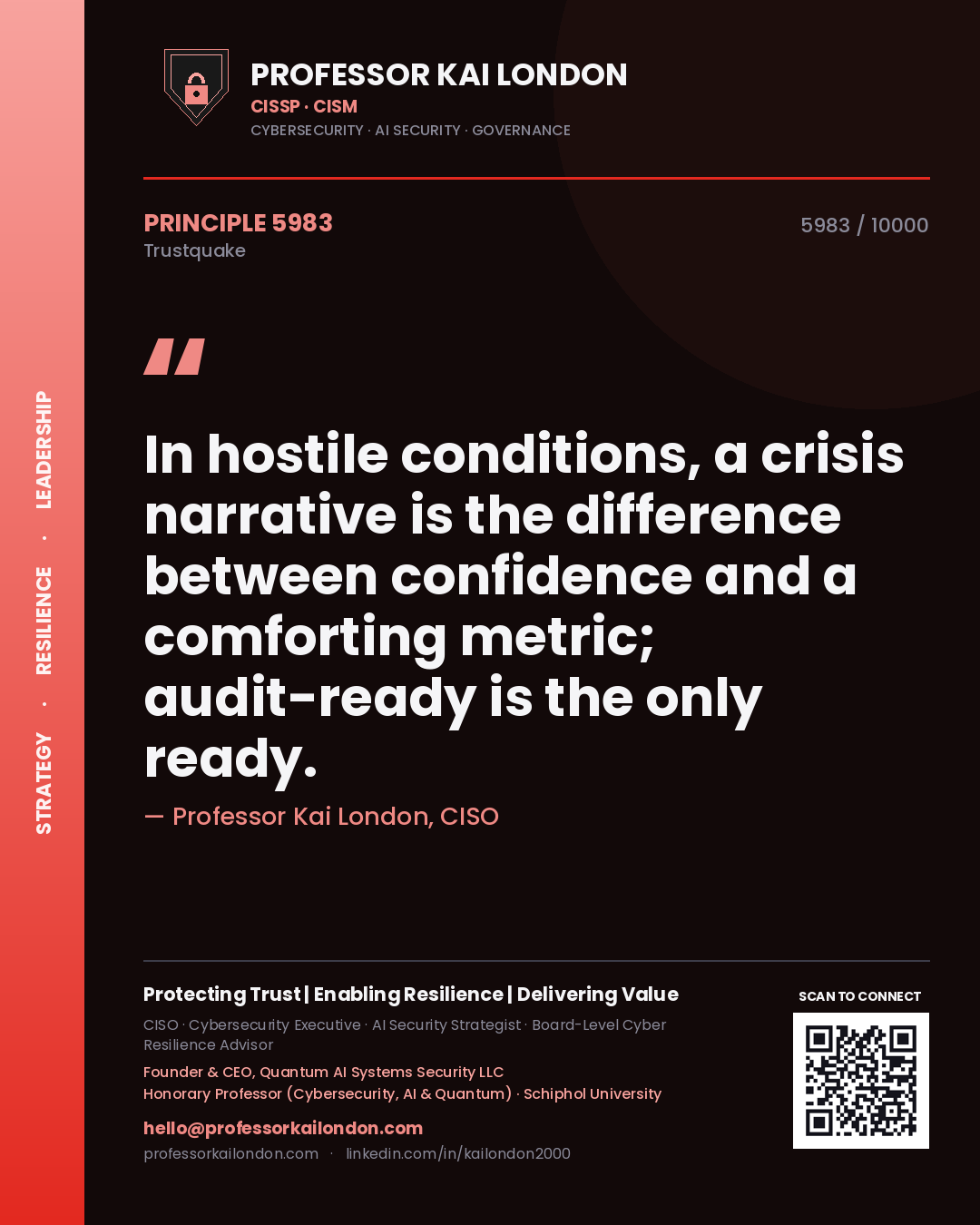 Quote card by Professor Kai London reading 'In hostile conditions, a crisis narrative is the difference between confidence and a comforting metric; audit-ready is the only ready.'. From the book Trustquake.