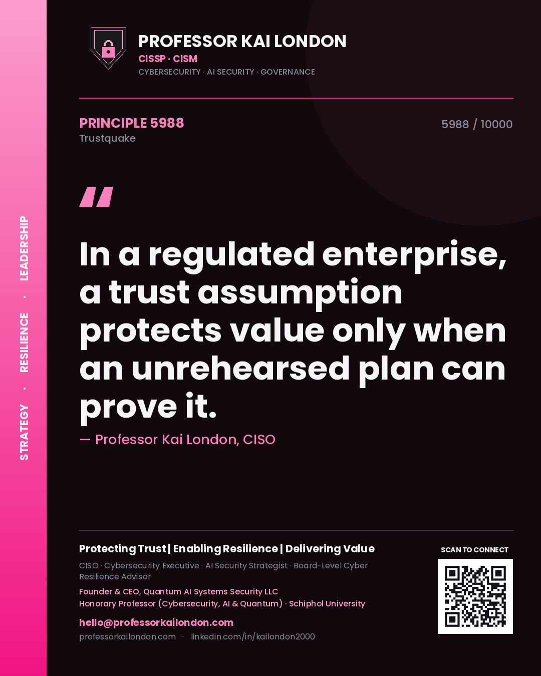 Quote card by Professor Kai London reading 'In a regulated enterprise, a trust assumption protects value only when an unrehearsed plan can prove it.'. From the book Trustquake.