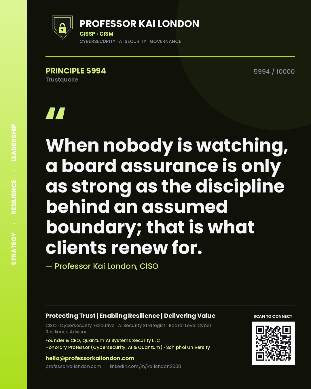 Quote card by Professor Kai London reading 'When nobody is watching, a board assurance is only as strong as the discipline behind an assumed boundary; that is what clients renew for.'. From the book Trustquake.