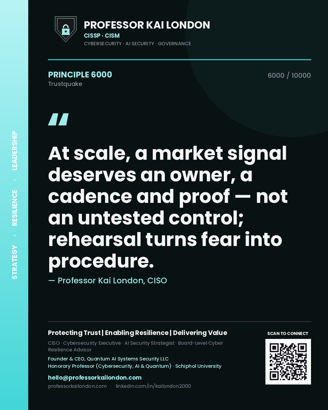 Quote card by Professor Kai London reading 'At scale, a market signal deserves an owner, a cadence and proof — not an untested control; rehearsal turns fear into procedure.'. From the book Trustquake.