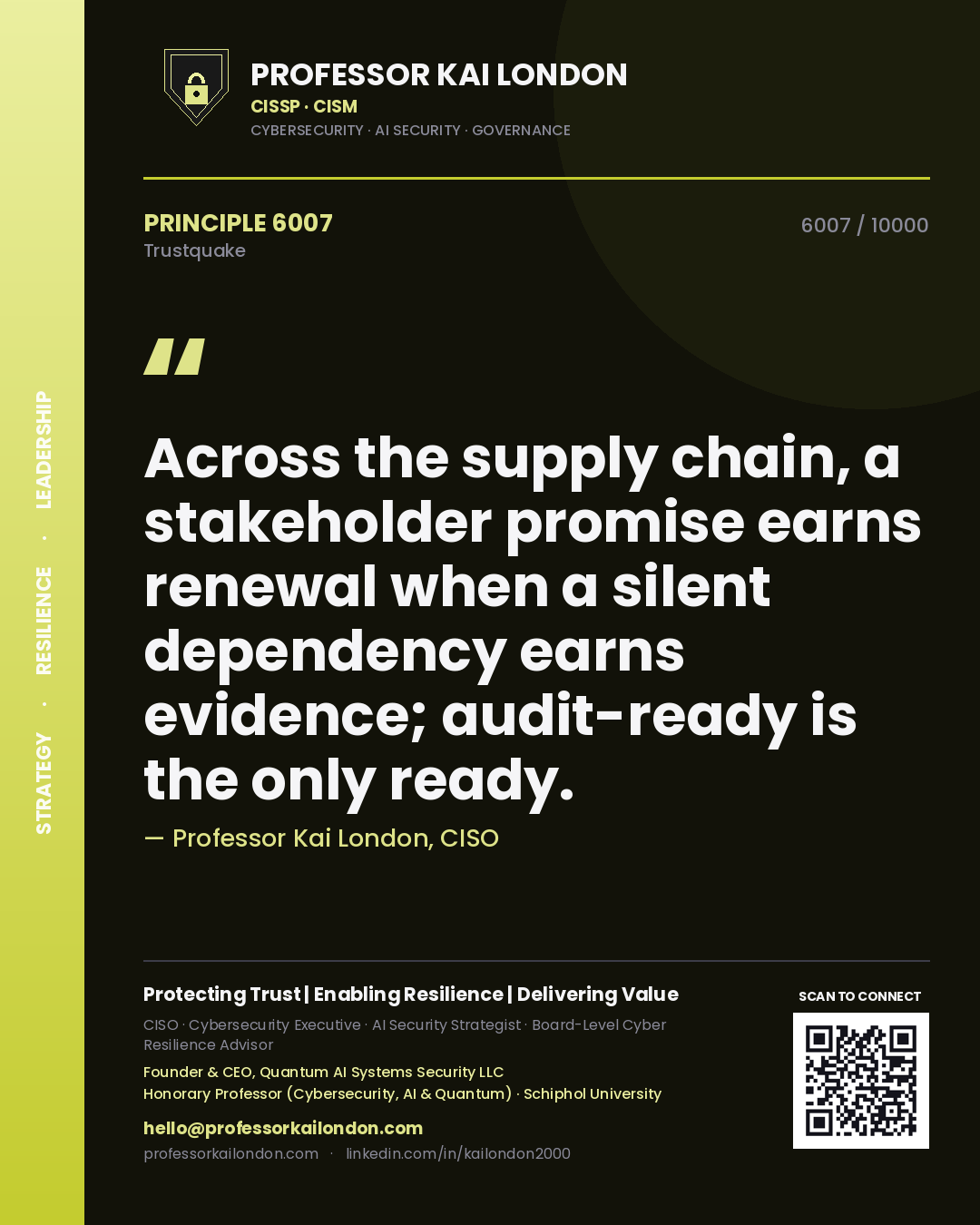 Quote card by Professor Kai London reading 'Across the supply chain, a stakeholder promise earns renewal when a silent dependency earns evidence; audit-ready is the only ready.'. From the book Trustquake.