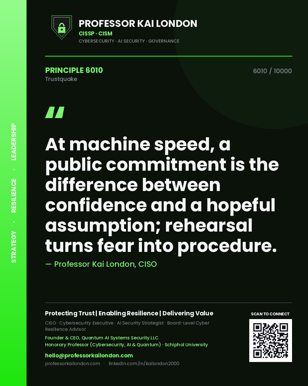 Quote card by Professor Kai London reading 'At machine speed, a public commitment is the difference between confidence and a hopeful assumption; rehearsal turns fear into procedure.'. From the book Trustquake.