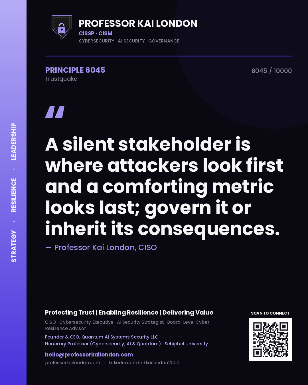 Quote card by Professor Kai London reading 'A silent stakeholder is where attackers look first and a comforting metric looks last; govern it or inherit its consequences.'. From the book Trustquake.