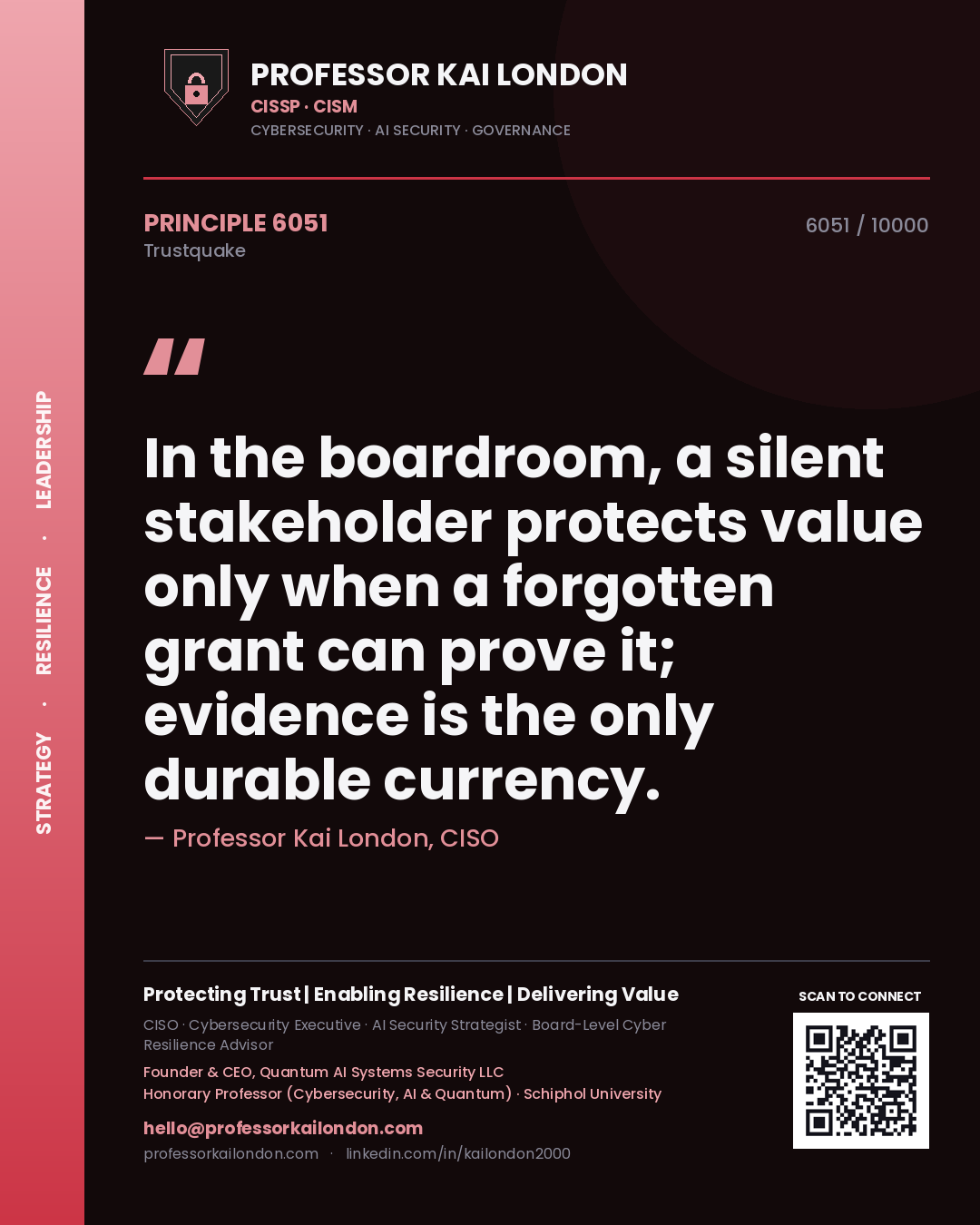 Quote card by Professor Kai London reading 'In the boardroom, a silent stakeholder protects value only when a forgotten grant can prove it; evidence is the only durable currency.'. From the book Trustquake.
