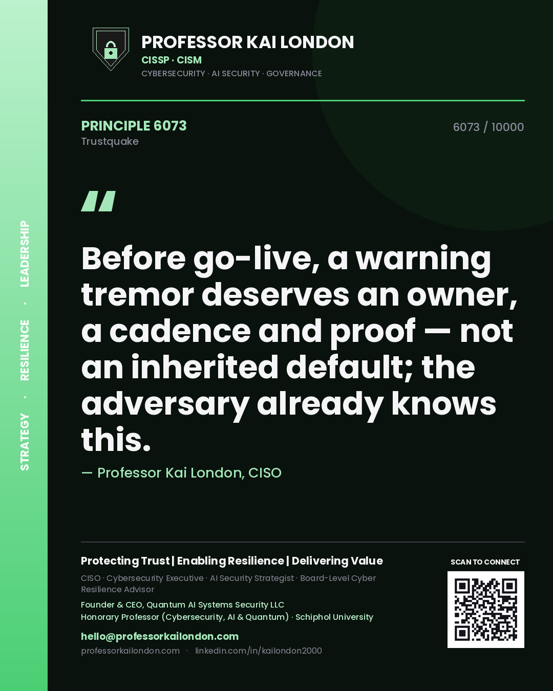 Quote card by Professor Kai London reading 'Before go-live, a warning tremor deserves an owner, a cadence and proof — not an inherited default; the adversary already knows this.'. From the book Trustquake.