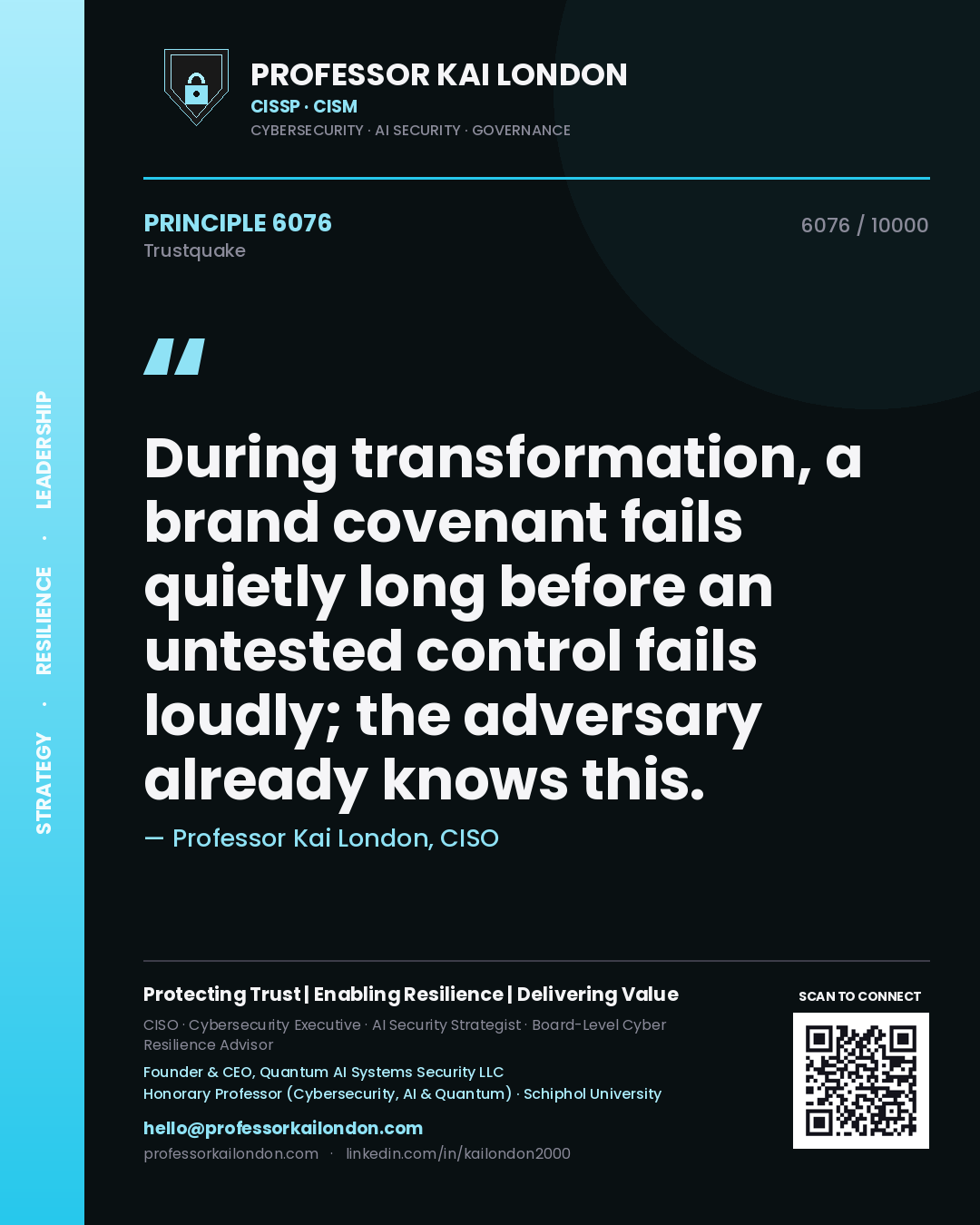 Professor Kai London principle 6076: During transformation, a brand covenant fails quietly long before an untested control fails loudly; the adversary already knows this.