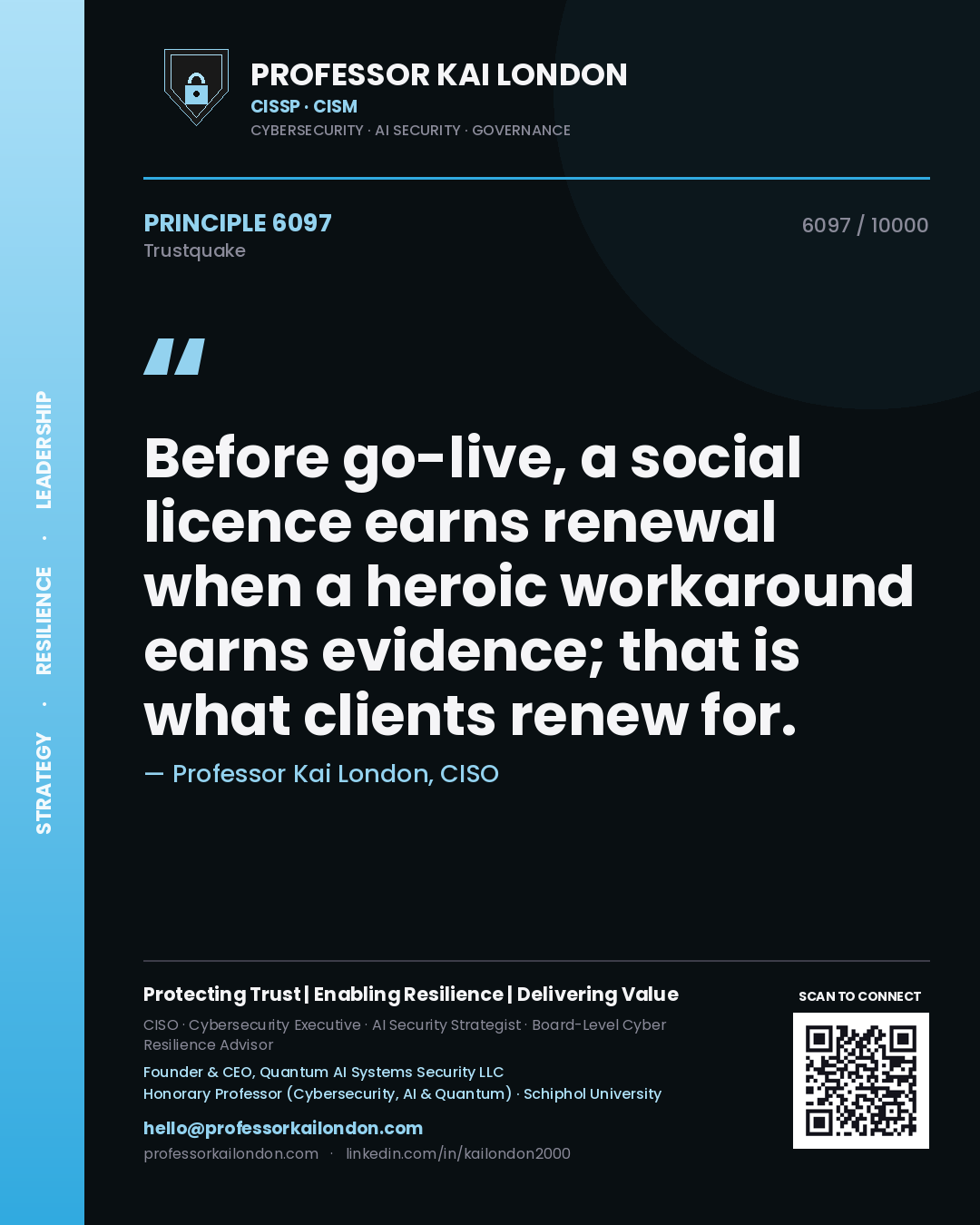 Quote card by Professor Kai London reading 'Before go-live, a social licence earns renewal when a heroic workaround earns evidence; that is what clients renew for.'. From the book Trustquake.