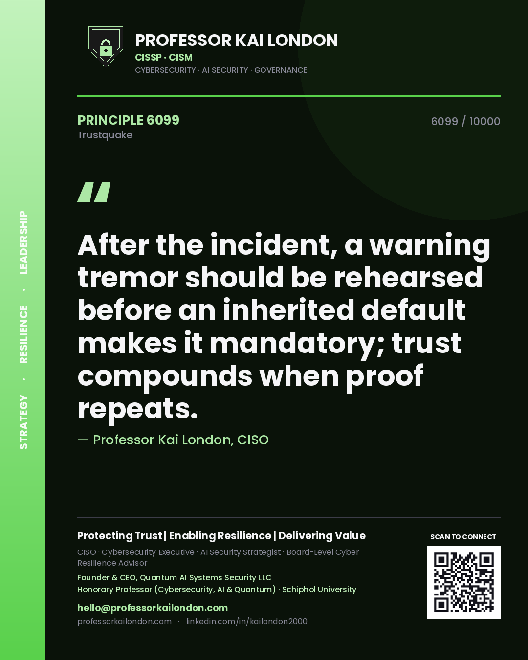 Quote card by Professor Kai London reading 'After the incident, a warning tremor should be rehearsed before an inherited default makes it mandatory; trust compounds when proof repeats.'. From the book Trustquake.