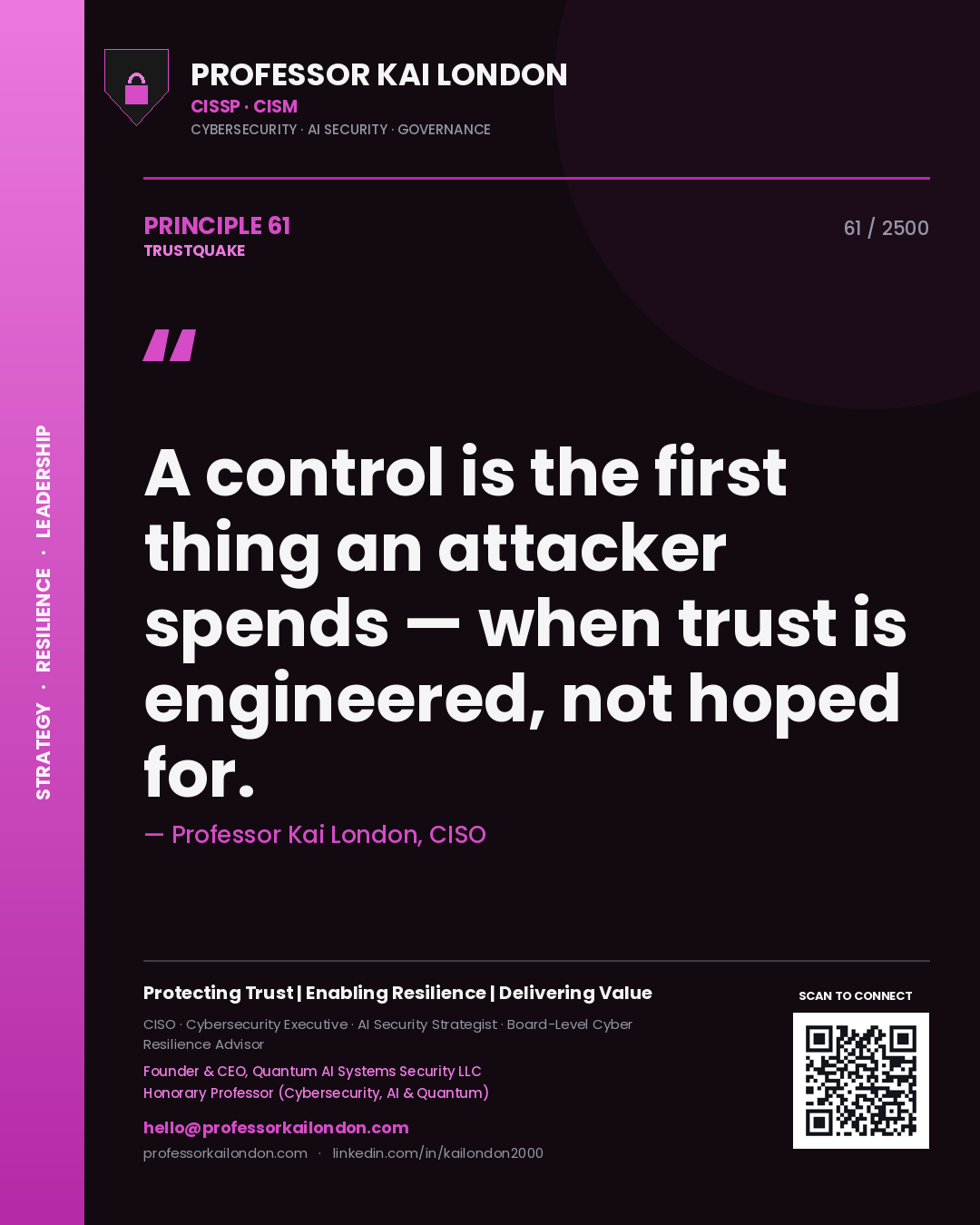 Quote card by Professor Kai London reading 'A control is the first thing an attacker spends — when trust is engineered, not hoped for.'. From the book Trustquake.