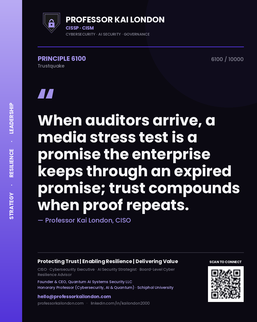 Quote card by Professor Kai London reading 'When auditors arrive, a media stress test is a promise the enterprise keeps through an expired promise; trust compounds when proof repeats.'. From the book Trustquake.