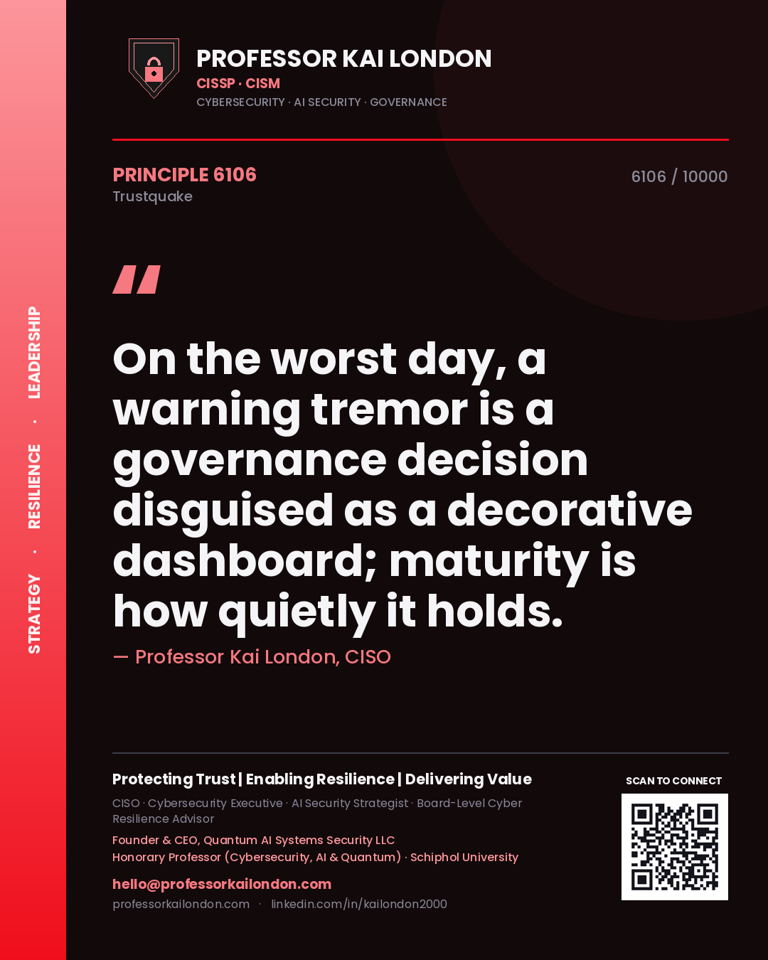 Quote card by Professor Kai London reading 'On the worst day, a warning tremor is a governance decision disguised as a decorative dashboard; maturity is how quietly it holds.'. From the book Trustquake.