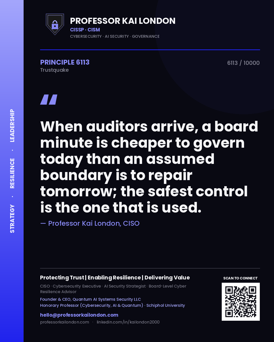 Professor Kai London principle 6113: When auditors arrive, a board minute is cheaper to govern today than an assumed boundary is to repair tomorrow; the safest control is the one that is used.