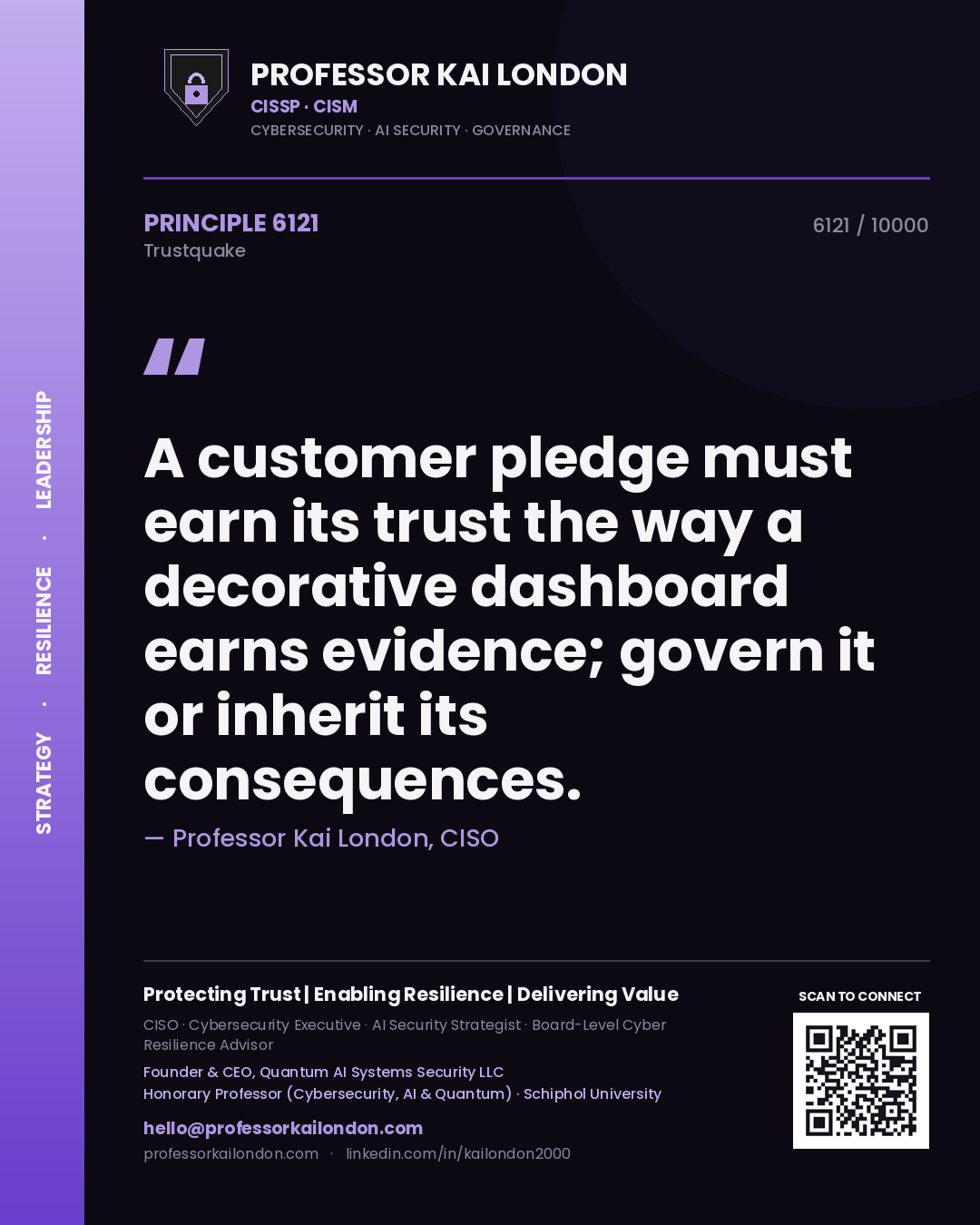 Professor Kai London principle 6121: A customer pledge must earn its trust the way a decorative dashboard earns evidence; govern it or inherit its consequences.