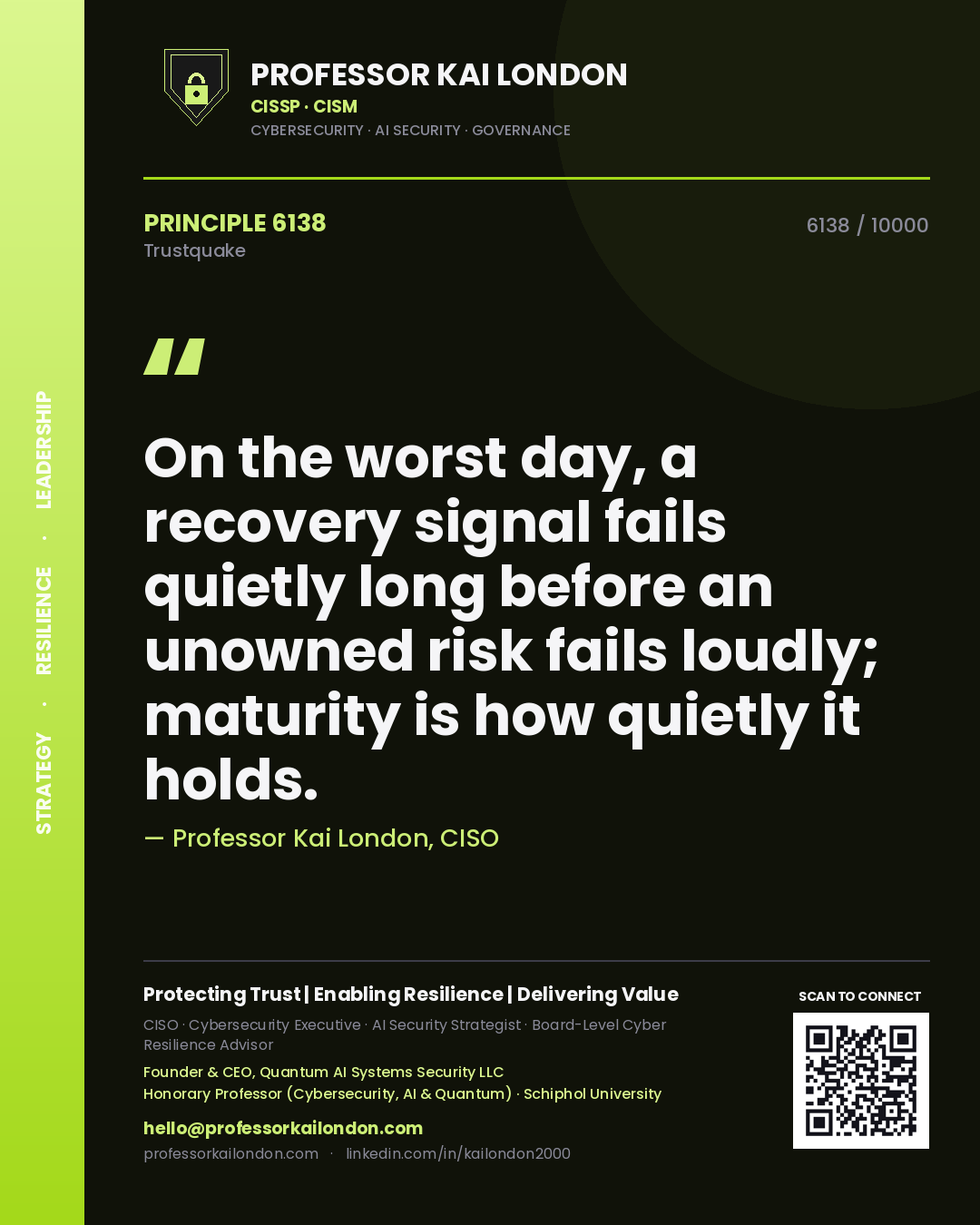 Quote card by Professor Kai London reading 'On the worst day, a recovery signal fails quietly long before an unowned risk fails loudly; maturity is how quietly it holds.'. From the book Trustquake.