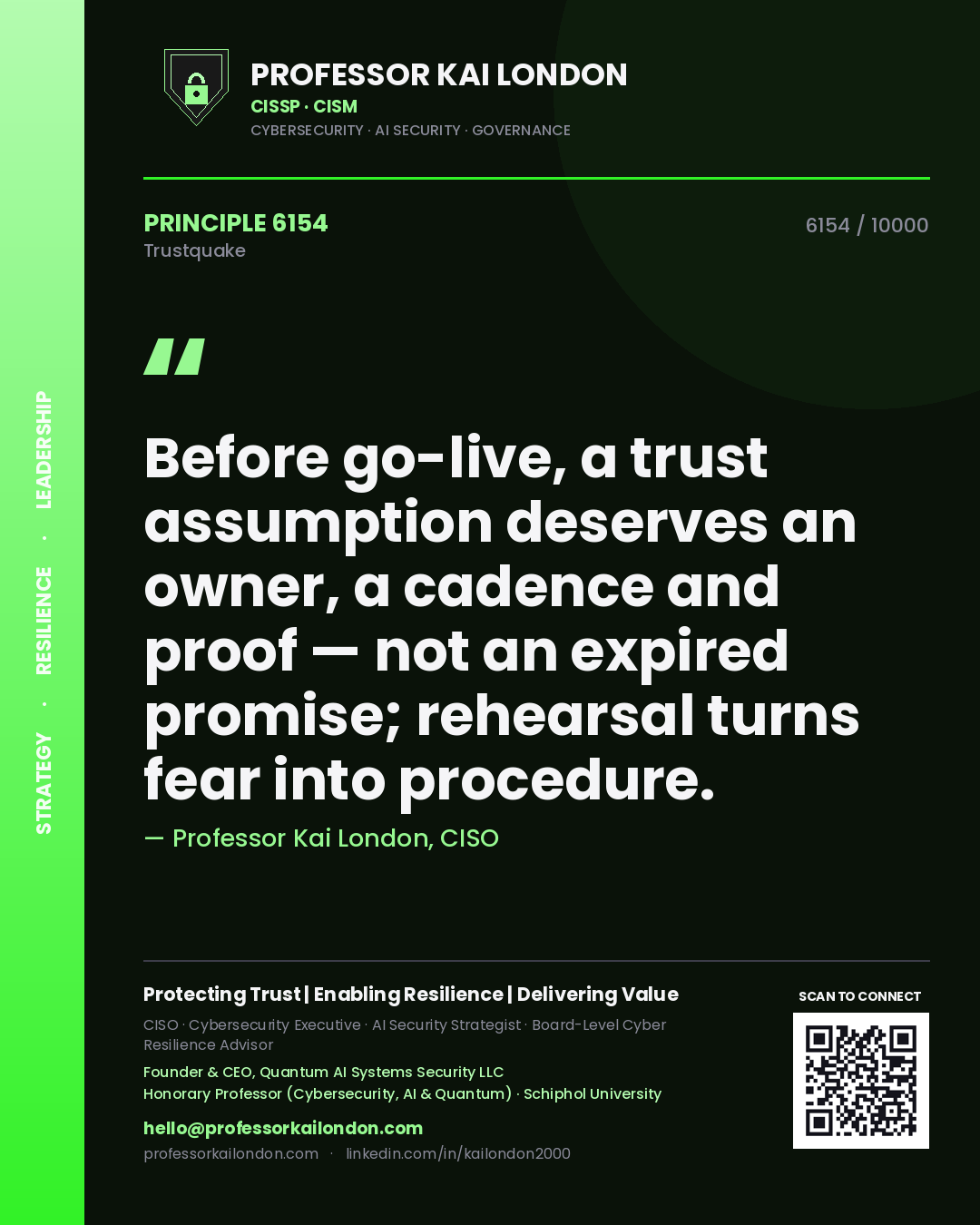 Quote card by Professor Kai London reading 'Before go-live, a trust assumption deserves an owner, a cadence and proof — not an expired promise; rehearsal turns fear into procedure.'. From the book Trustquake.