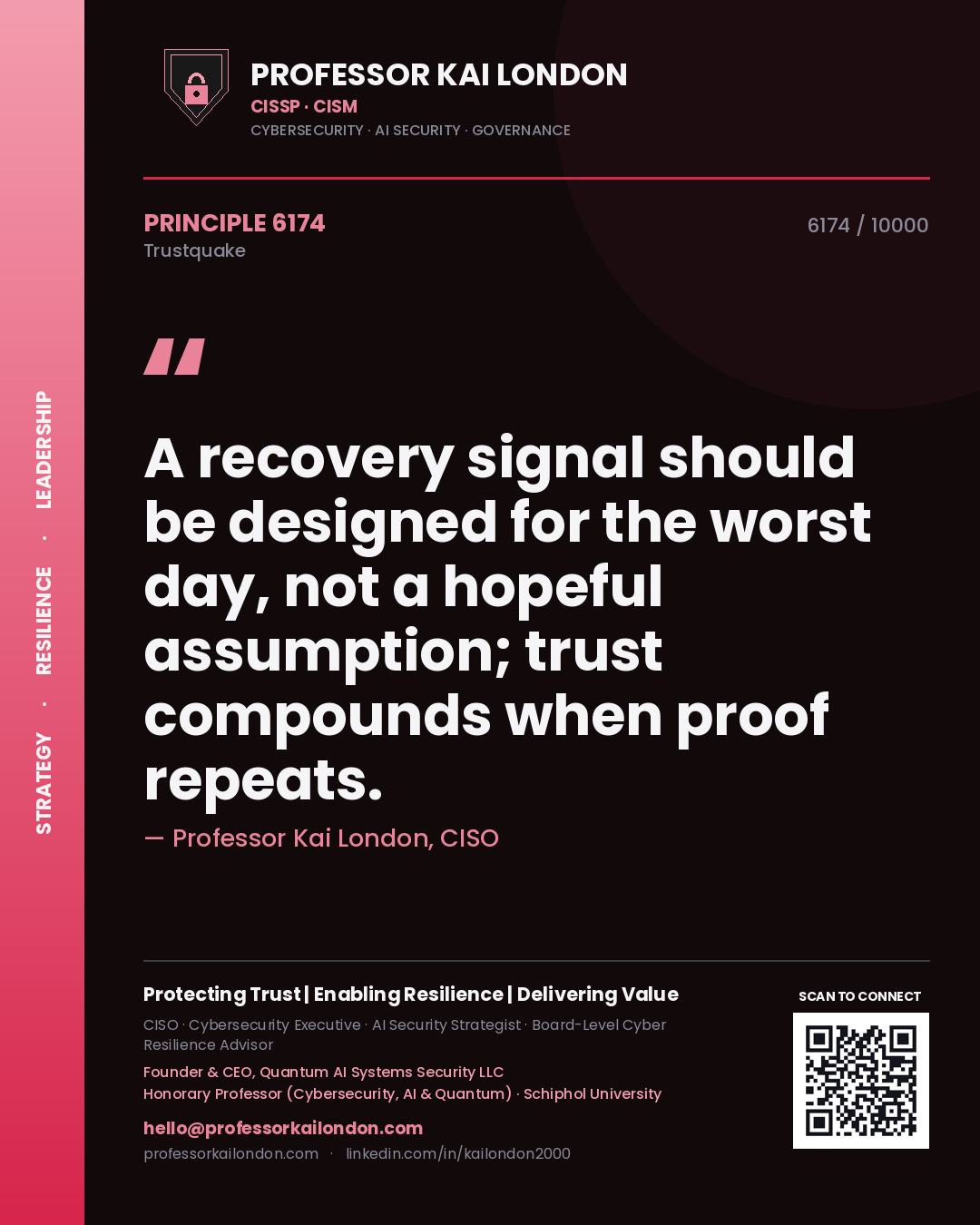 Quote card by Professor Kai London reading 'A recovery signal should be designed for the worst day, not a hopeful assumption; trust compounds when proof repeats.'. From the book Trustquake.