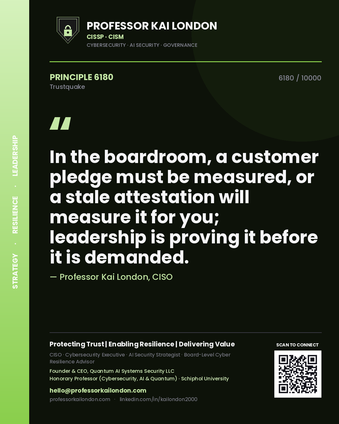 Quote card by Professor Kai London reading 'In the boardroom, a customer pledge must be measured, or a stale attestation will measure it for you; leadership is proving it before it is demanded.'. From the book Trustquake.