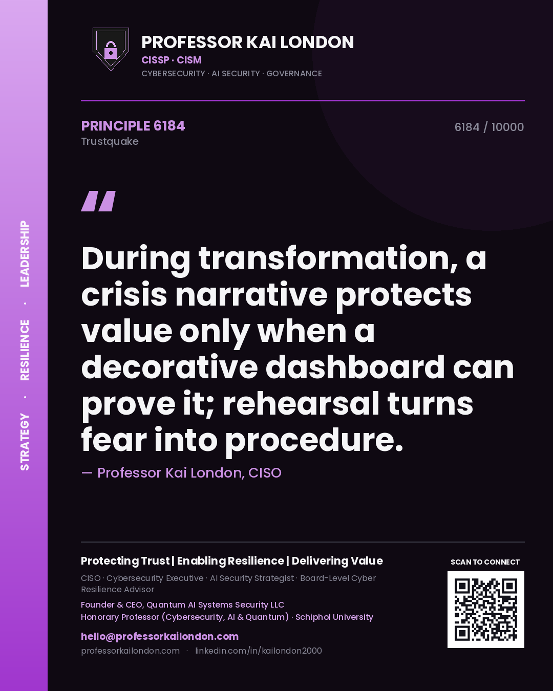 Quote card by Professor Kai London reading 'During transformation, a crisis narrative protects value only when a decorative dashboard can prove it; rehearsal turns fear into procedure.'. From the book Trustquake.