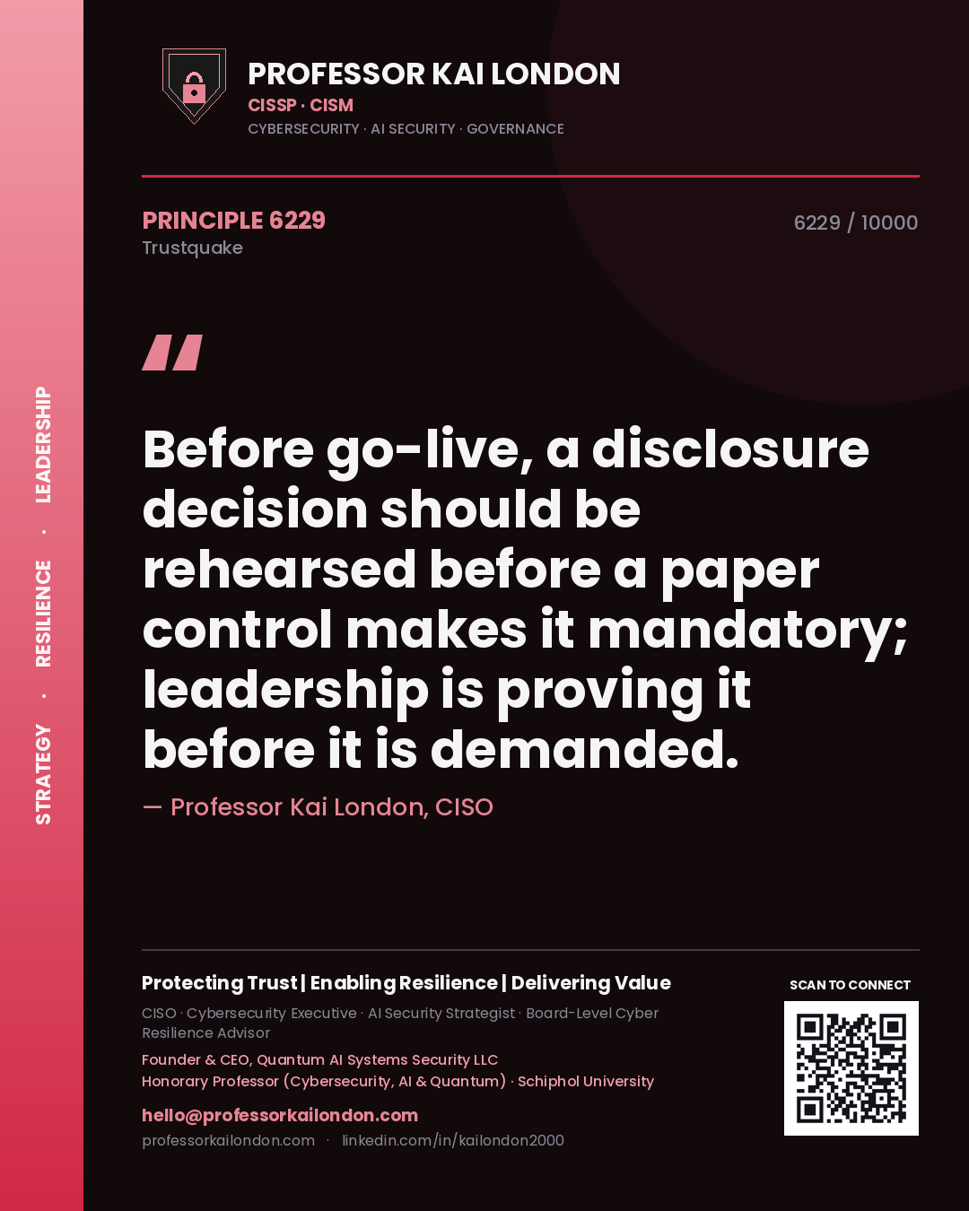 Quote card by Professor Kai London reading 'Before go-live, a disclosure decision should be rehearsed before a paper control makes it mandatory; leadership is proving it before it is demanded.'. From the book Trustquake.