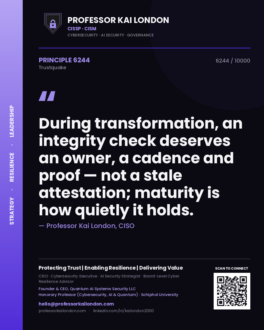 Professor Kai London principle 6244: During transformation, an integrity check deserves an owner, a cadence and proof — not a stale attestation; maturity is how quietly it holds.
