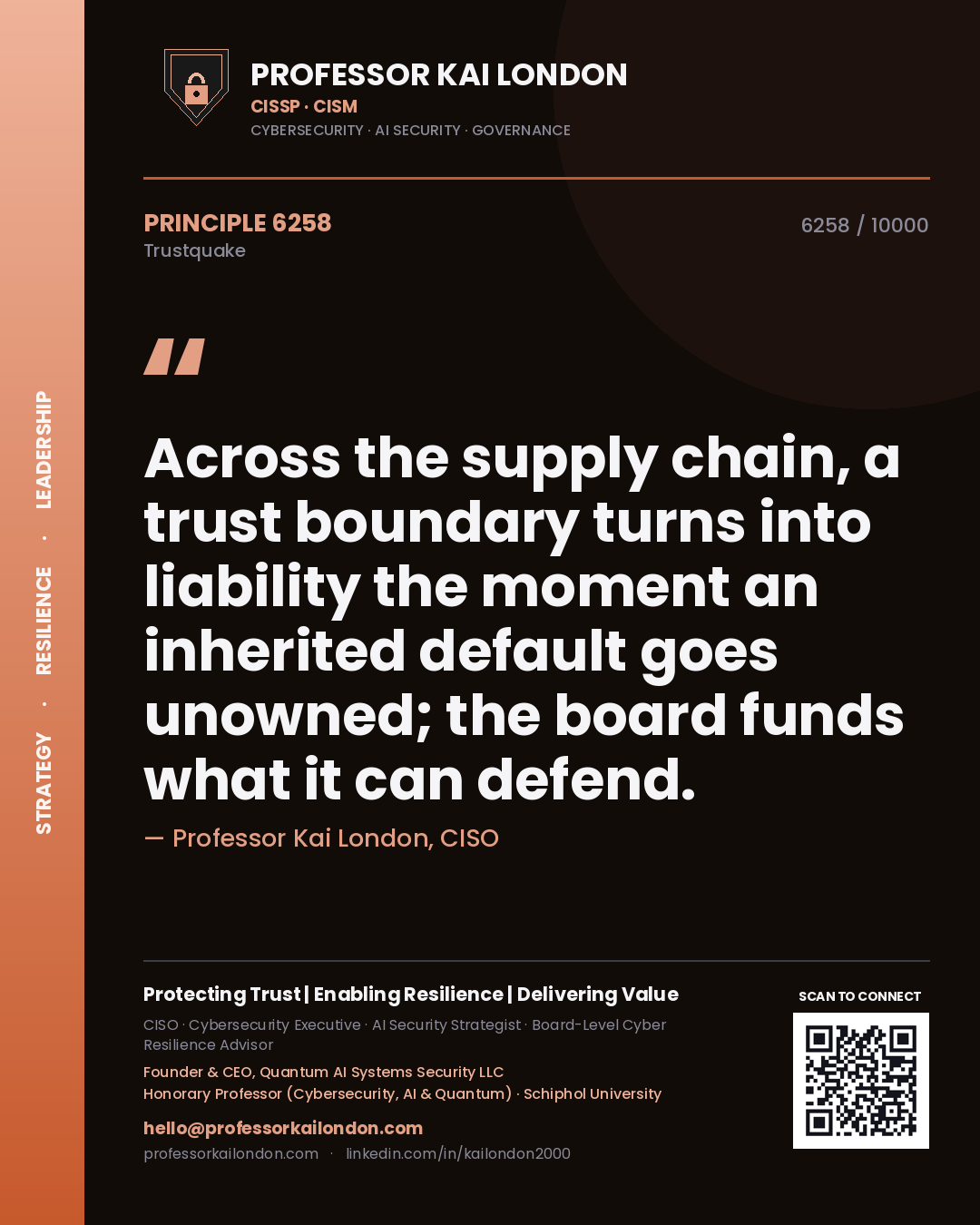 Professor Kai London principle 6258: Across the supply chain, a trust boundary turns into liability the moment an inherited default goes unowned; the board funds what it can defend.