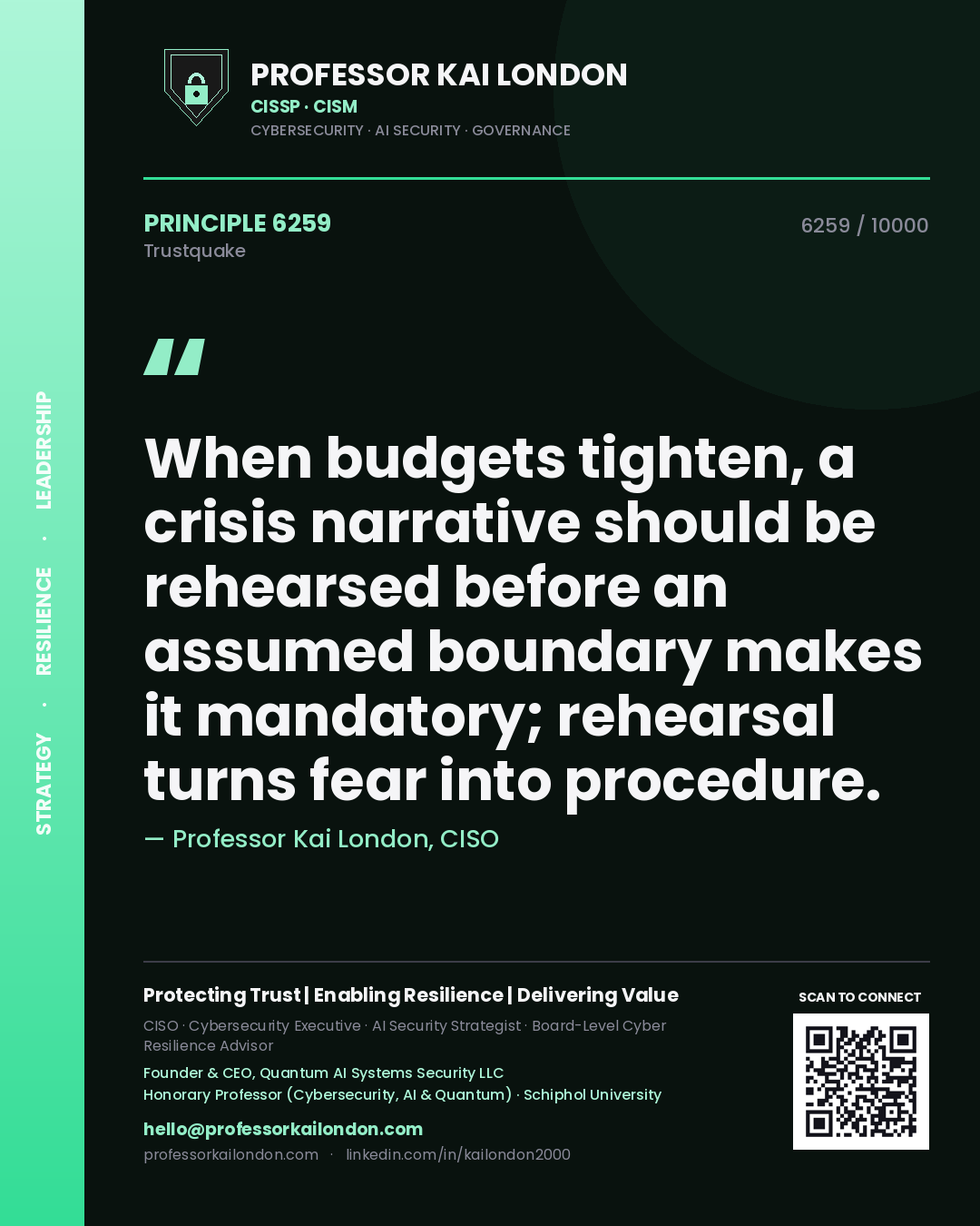 Quote card by Professor Kai London reading 'When budgets tighten, a crisis narrative should be rehearsed before an assumed boundary makes it mandatory; rehearsal turns fear into procedure.'. From the book Trustquake.