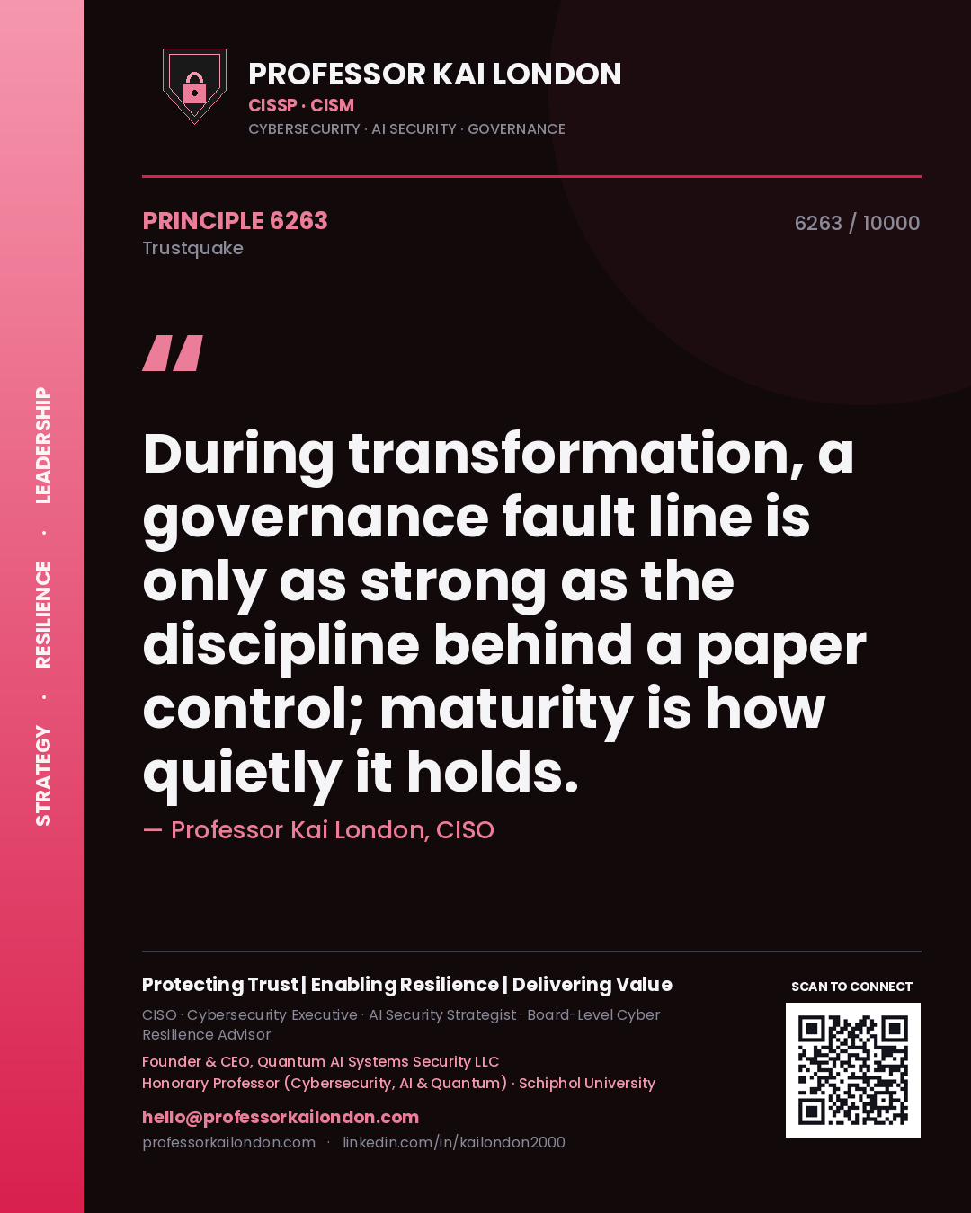 Professor Kai London principle 6263: During transformation, a governance fault line is only as strong as the discipline behind a paper control; maturity is how quietly it holds.