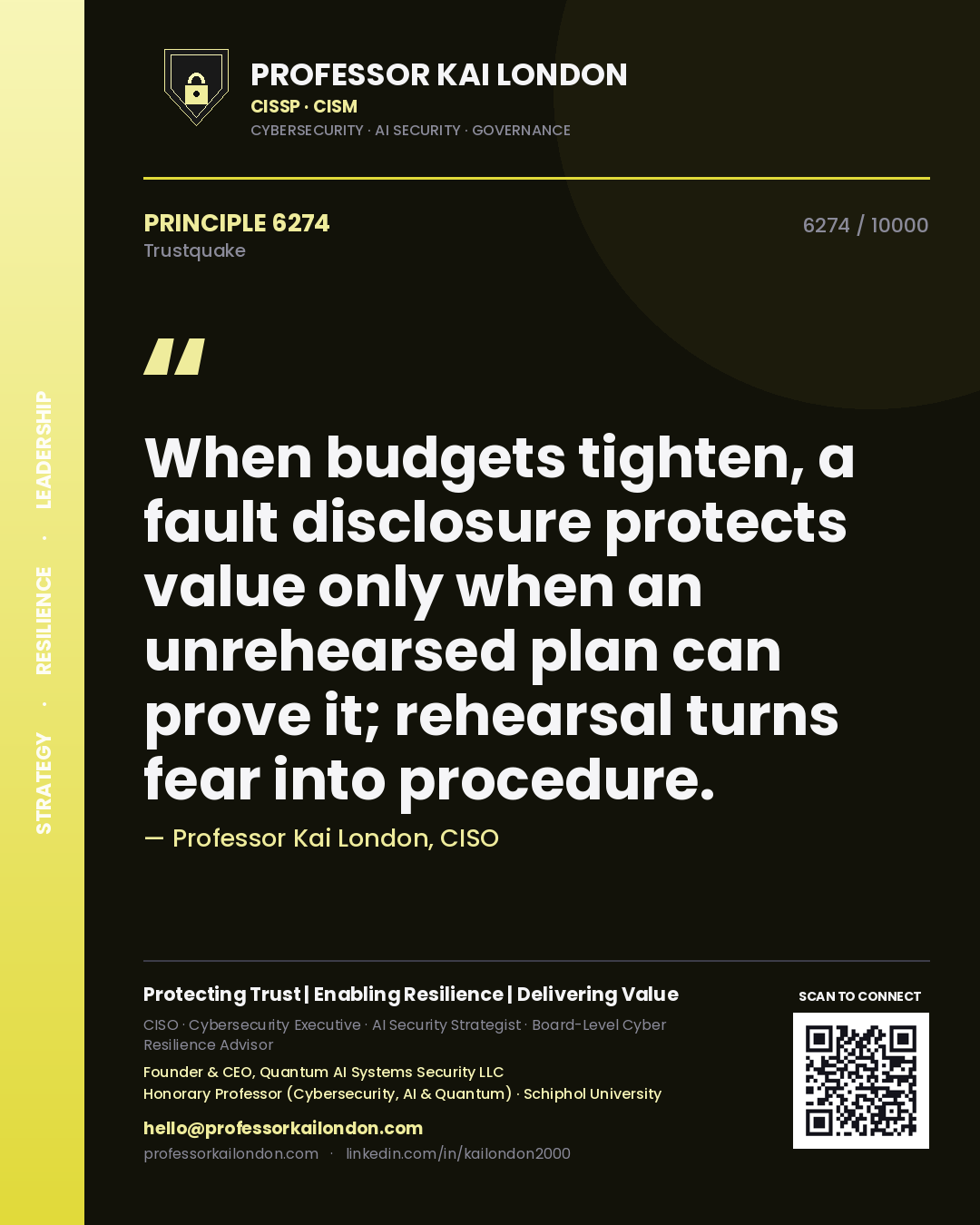 Quote card by Professor Kai London reading 'When budgets tighten, a fault disclosure protects value only when an unrehearsed plan can prove it; rehearsal turns fear into procedure.'. From the book Trustquake.