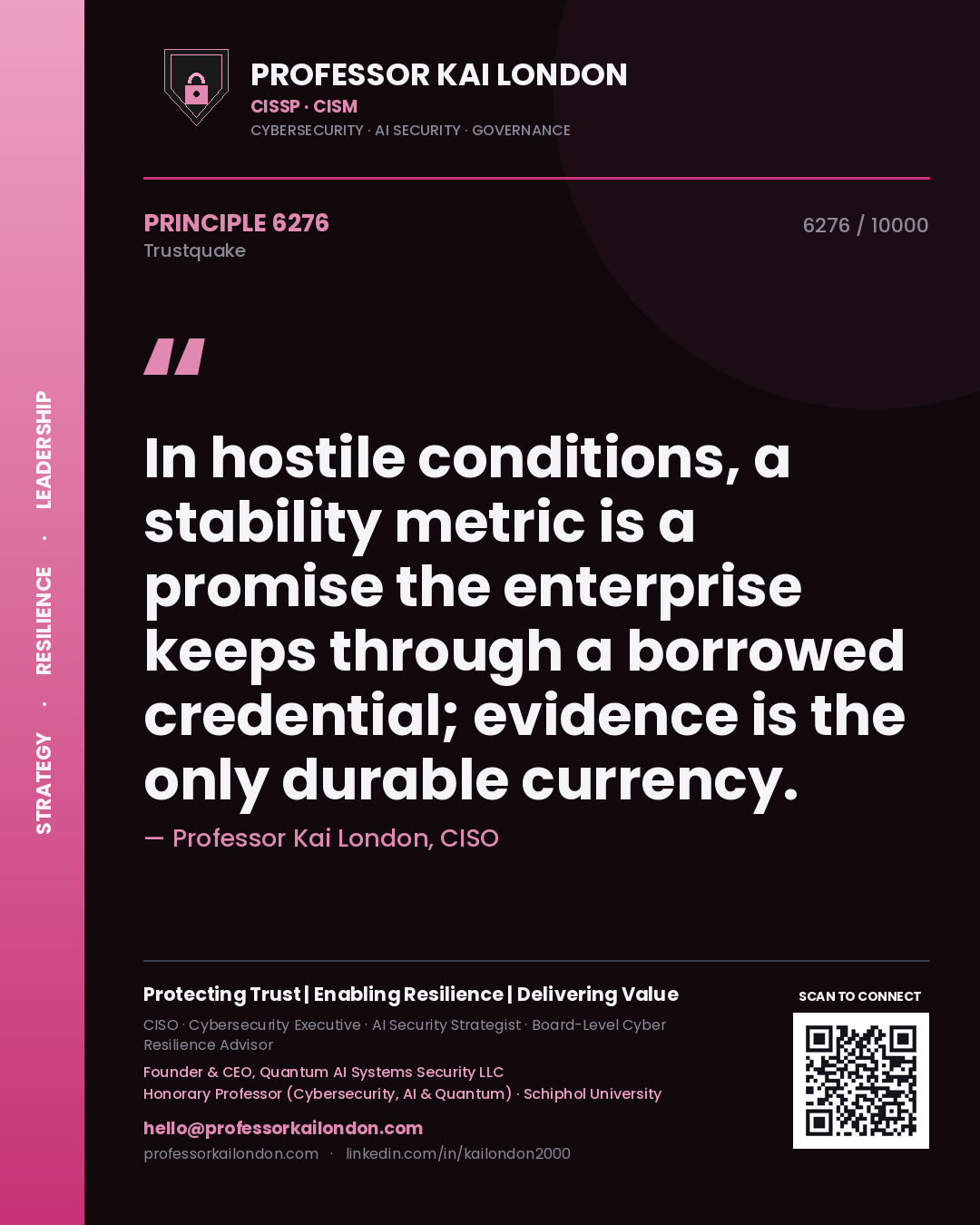 Professor Kai London principle 6276: In hostile conditions, a stability metric is a promise the enterprise keeps through a borrowed credential; evidence is the only durable currency.