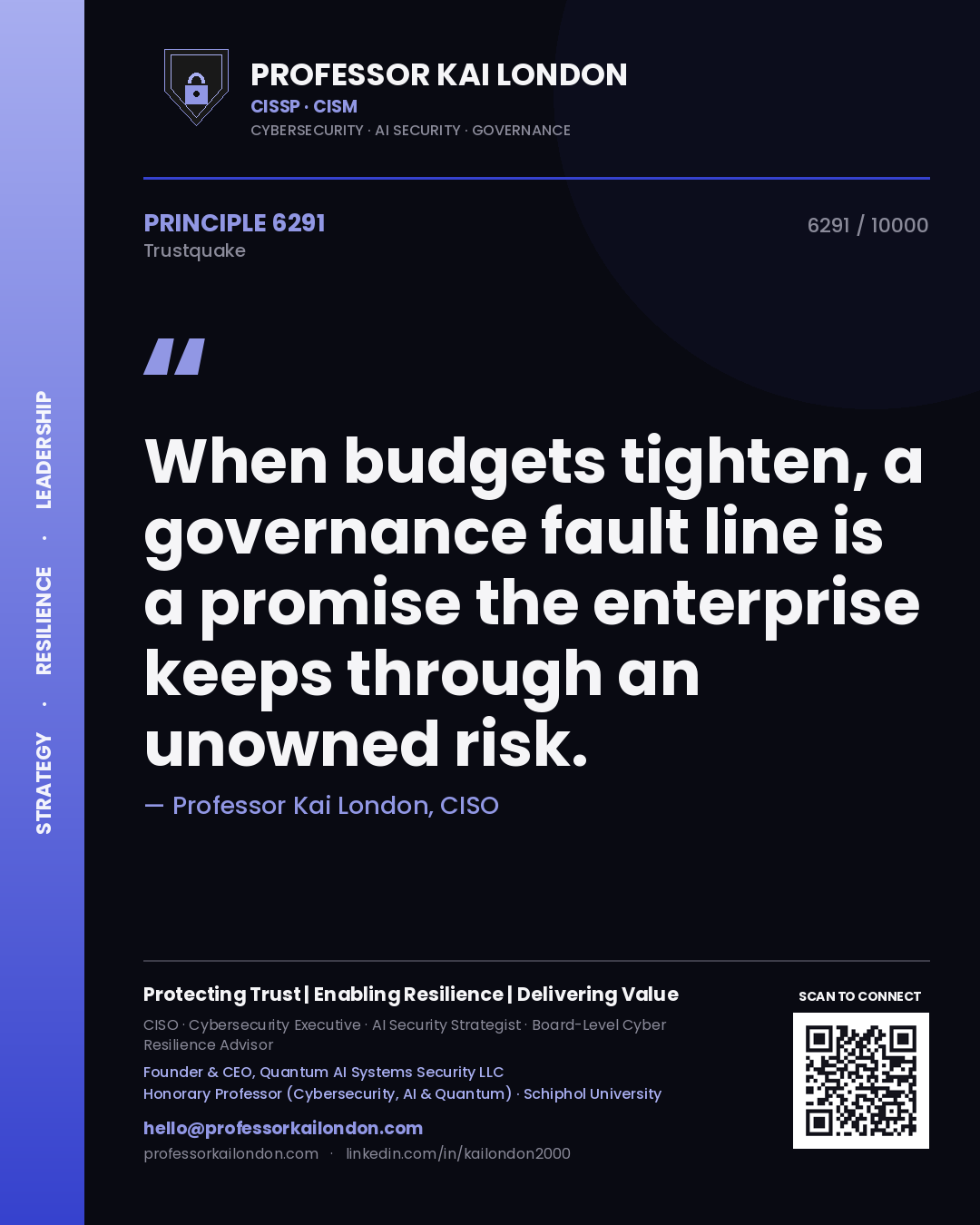 Quote card by Professor Kai London reading 'When budgets tighten, a governance fault line is a promise the enterprise keeps through an unowned risk.'. From the book Trustquake.