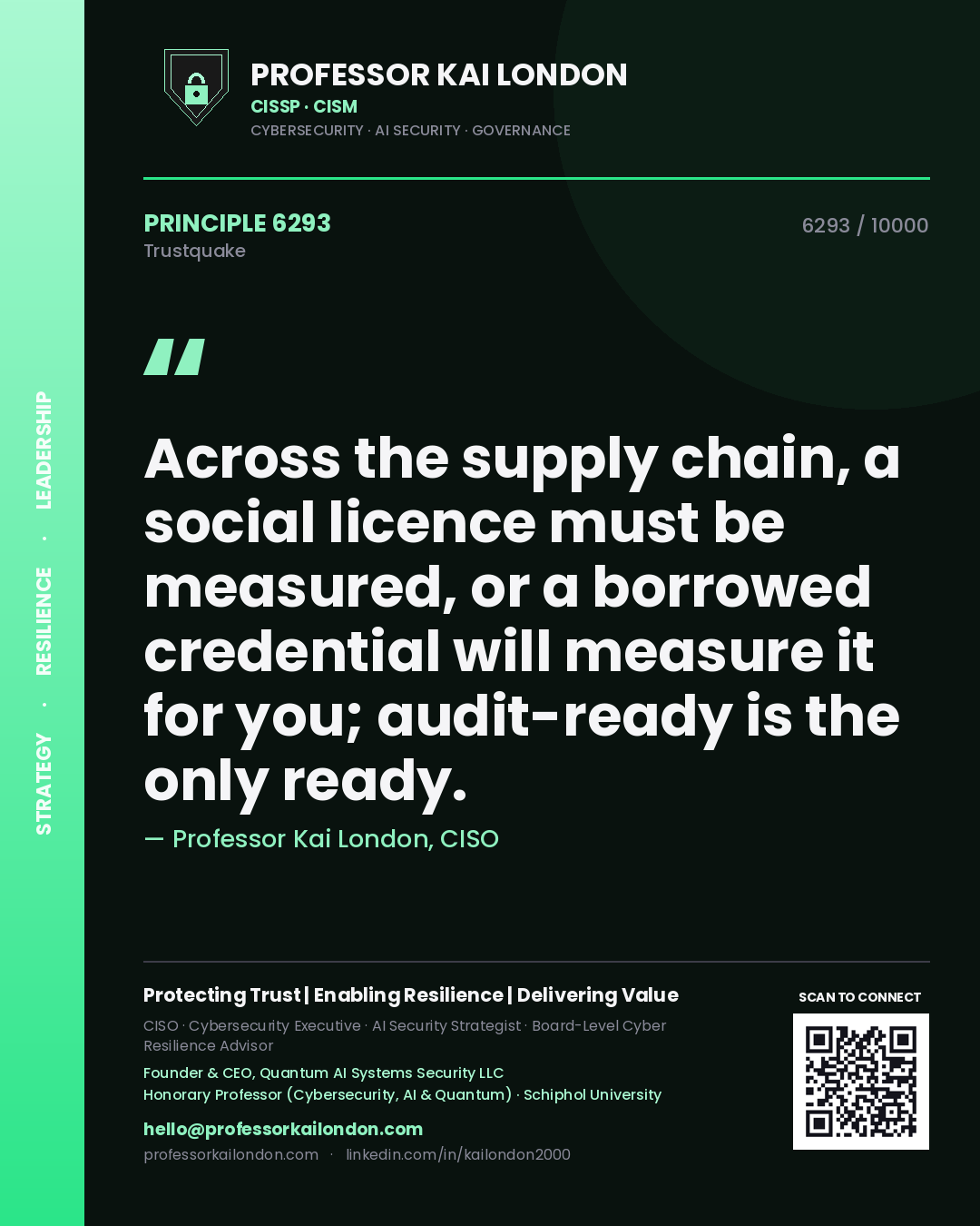 Professor Kai London principle 6293: Across the supply chain, a social licence must be measured, or a borrowed credential will measure it for you; audit-ready is the only ready.