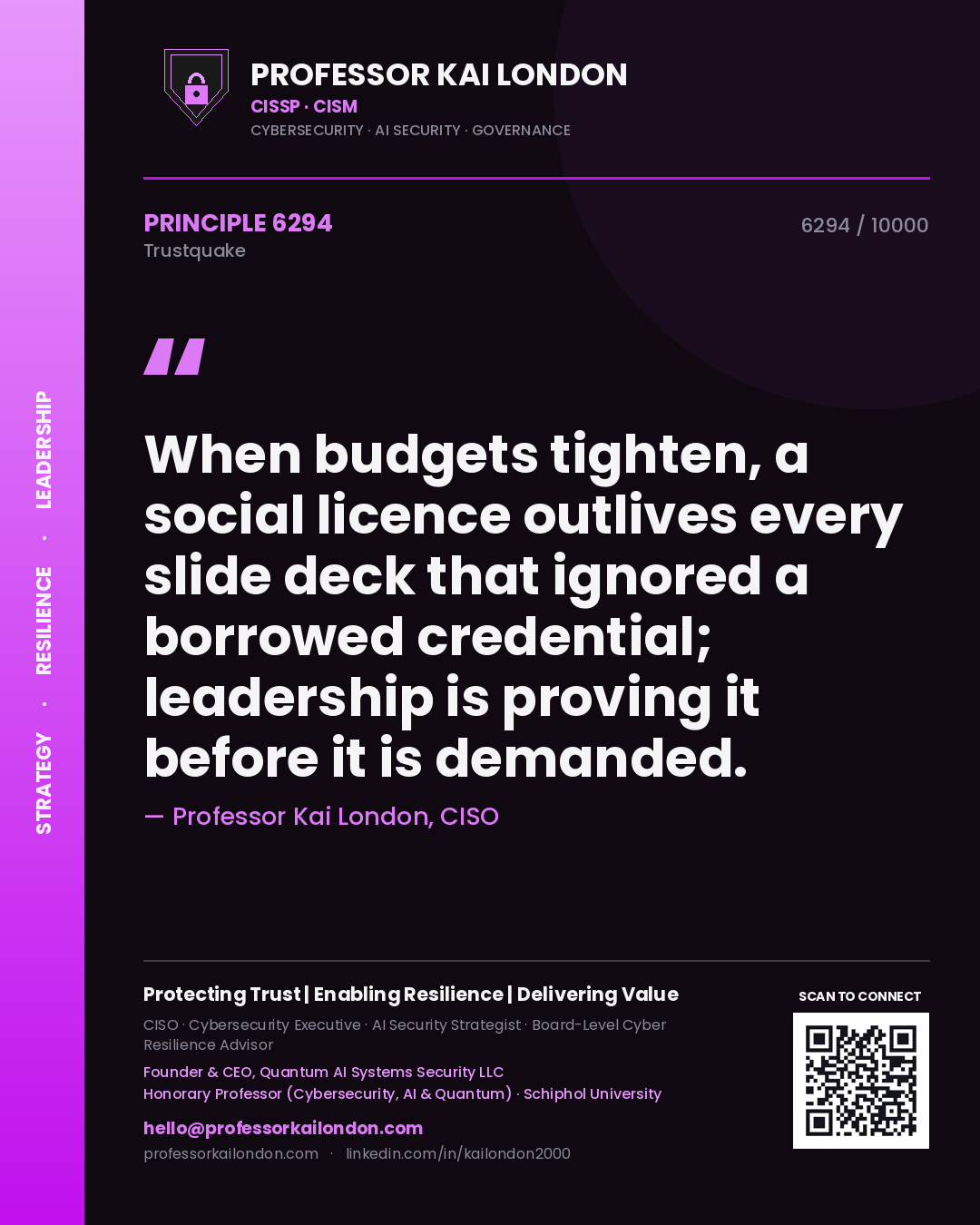 Quote card by Professor Kai London reading 'When budgets tighten, a social licence outlives every slide deck that ignored a borrowed credential; leadership is proving it before it is demanded.'. From the book Trustquake.