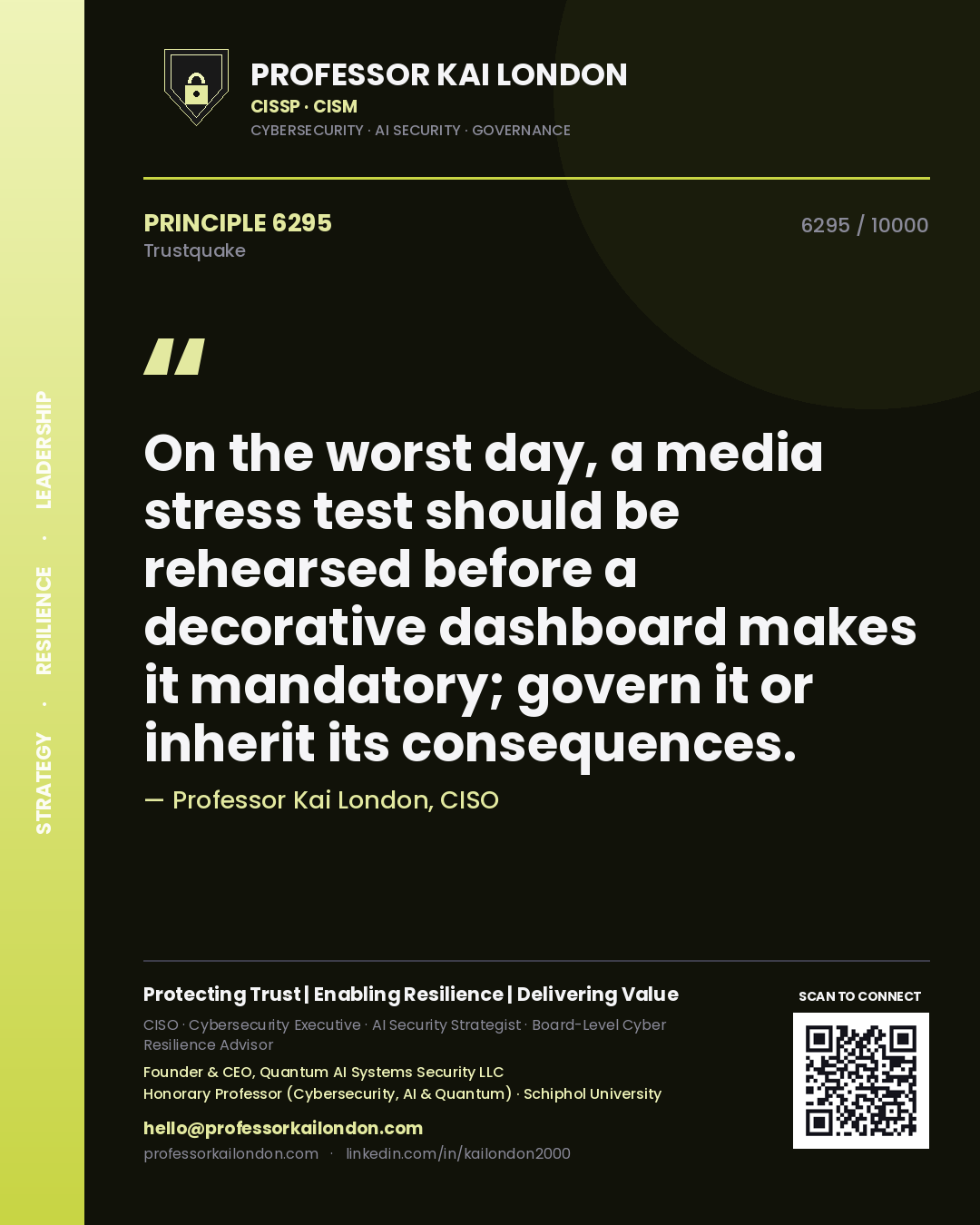 Quote card by Professor Kai London reading 'On the worst day, a media stress test should be rehearsed before a decorative dashboard makes it mandatory; govern it or inherit its consequences.'. From the book Trustquake.
