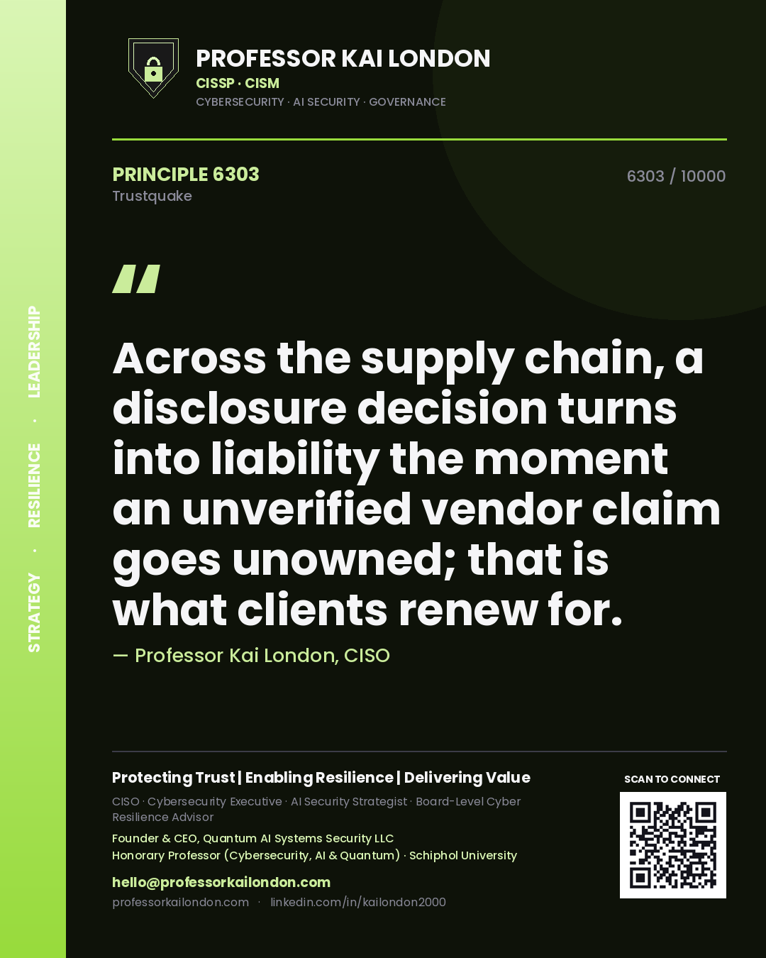 Quote card by Professor Kai London reading 'Across the supply chain, a disclosure decision turns into liability the moment an unverified vendor claim goes unowned; that is what clients renew for.'. From the book Trustquake.
