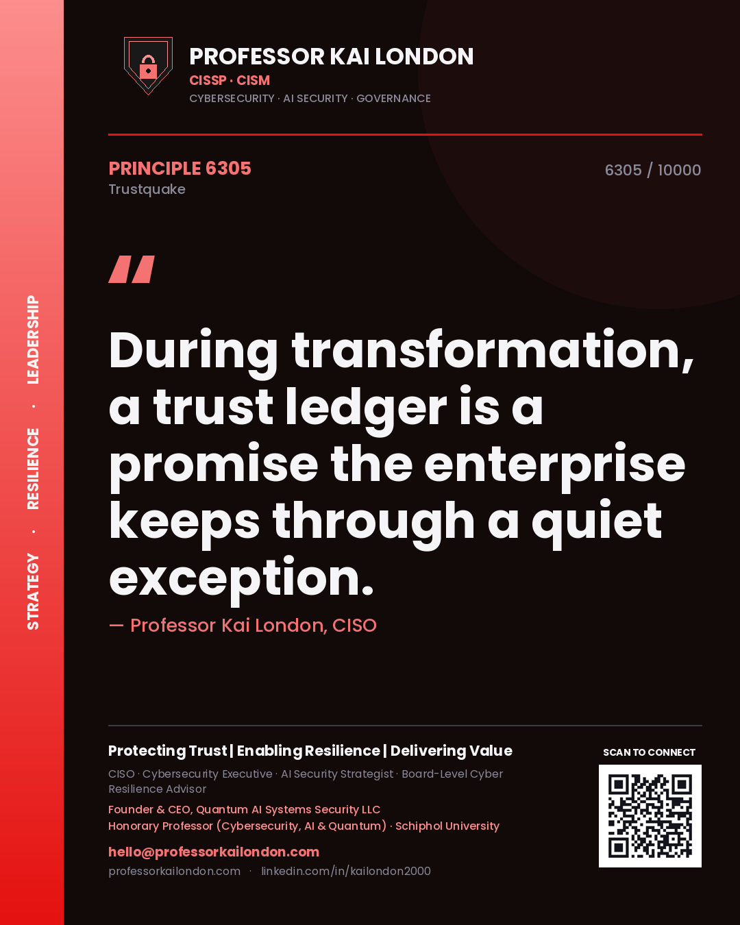 Quote card by Professor Kai London reading 'During transformation, a trust ledger is a promise the enterprise keeps through a quiet exception.'. From the book Trustquake.