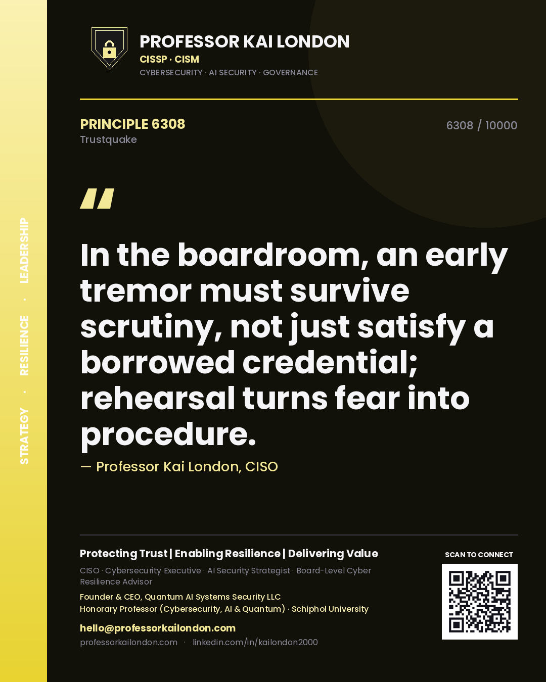 Quote card by Professor Kai London reading 'In the boardroom, an early tremor must survive scrutiny, not just satisfy a borrowed credential; rehearsal turns fear into procedure.'. From the book Trustquake.